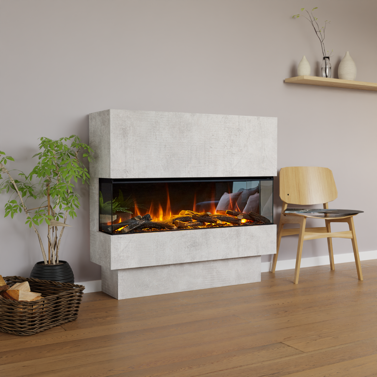 Glow Fire BF 1200 Elektrokamin Beton Standard-Glas New Forest Holzdekoration