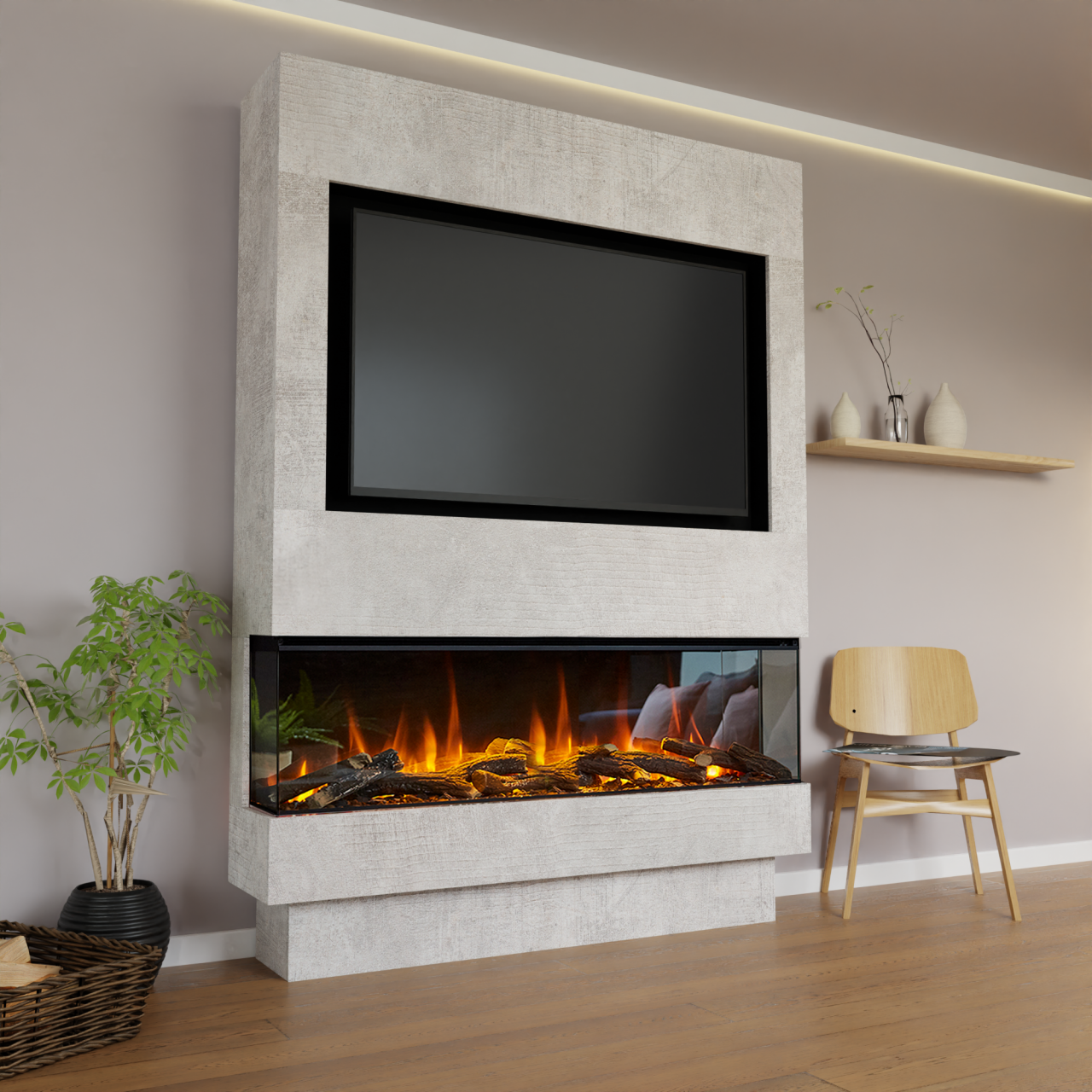 Glow Fire Fernsehwand BF 1600 Elektrokamin Beton Dark Glass Deluxe Echtholzdekoration Fernsehwand