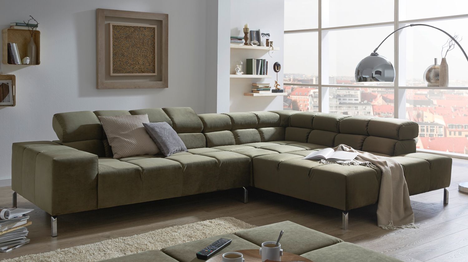 KAWOLA Sofa NELSON Ecksofa Velvet olivgrün