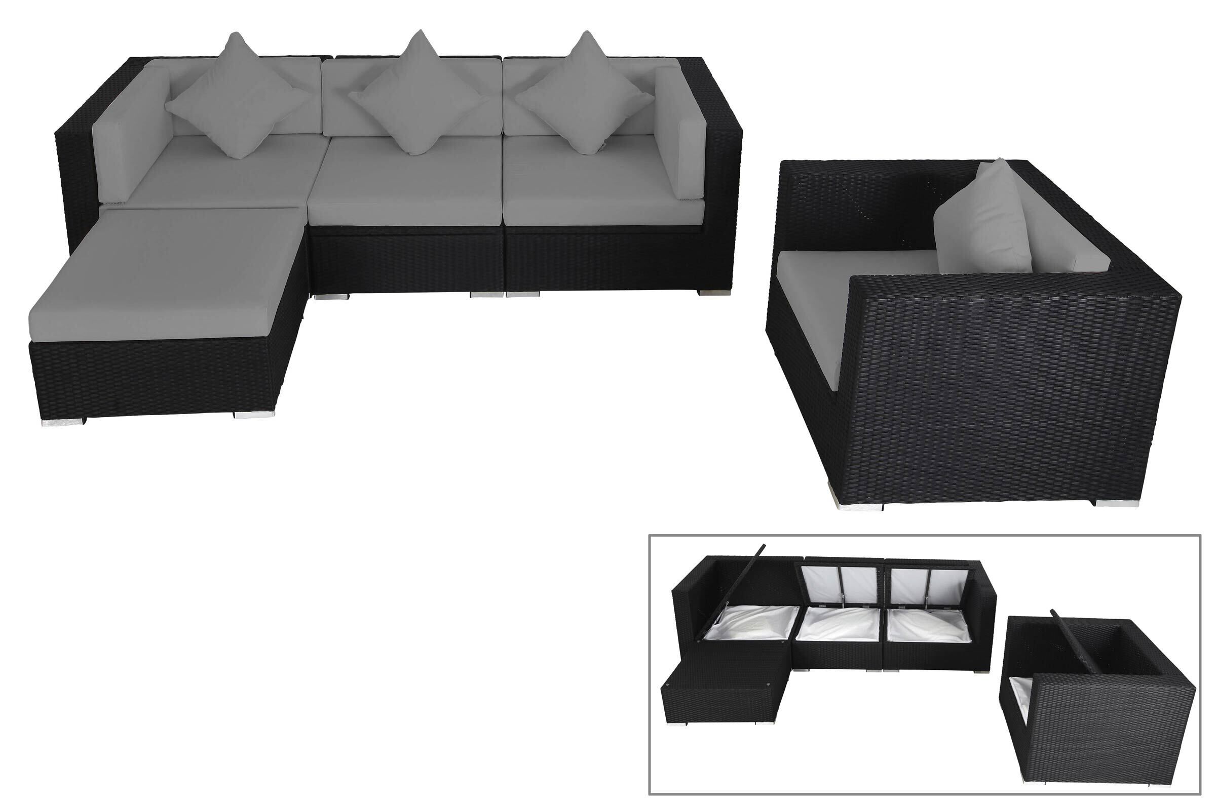 OUTFLEXX Gartenlounge, schwarz, Polyrattan, für 5 Personen, wasserfeste Kissenbox