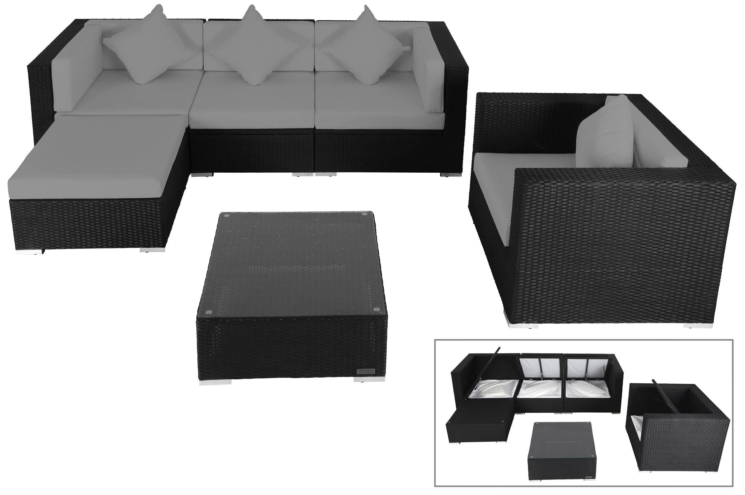 OUTFLEXX Gartenlounge, schwarz, Polyrattan, für 5 Personen, inkl. Kaffeetisch, Kissenboxfunktion