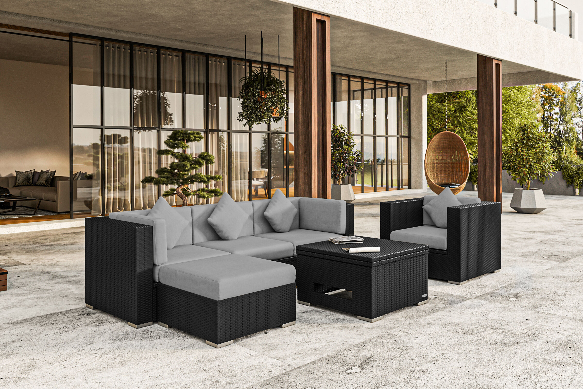 OUTFLEXX Gartenlounge, schwarz, Polyrattan, 5 Personen, inkl. Loungetisch, wasserfeste Kissenbox