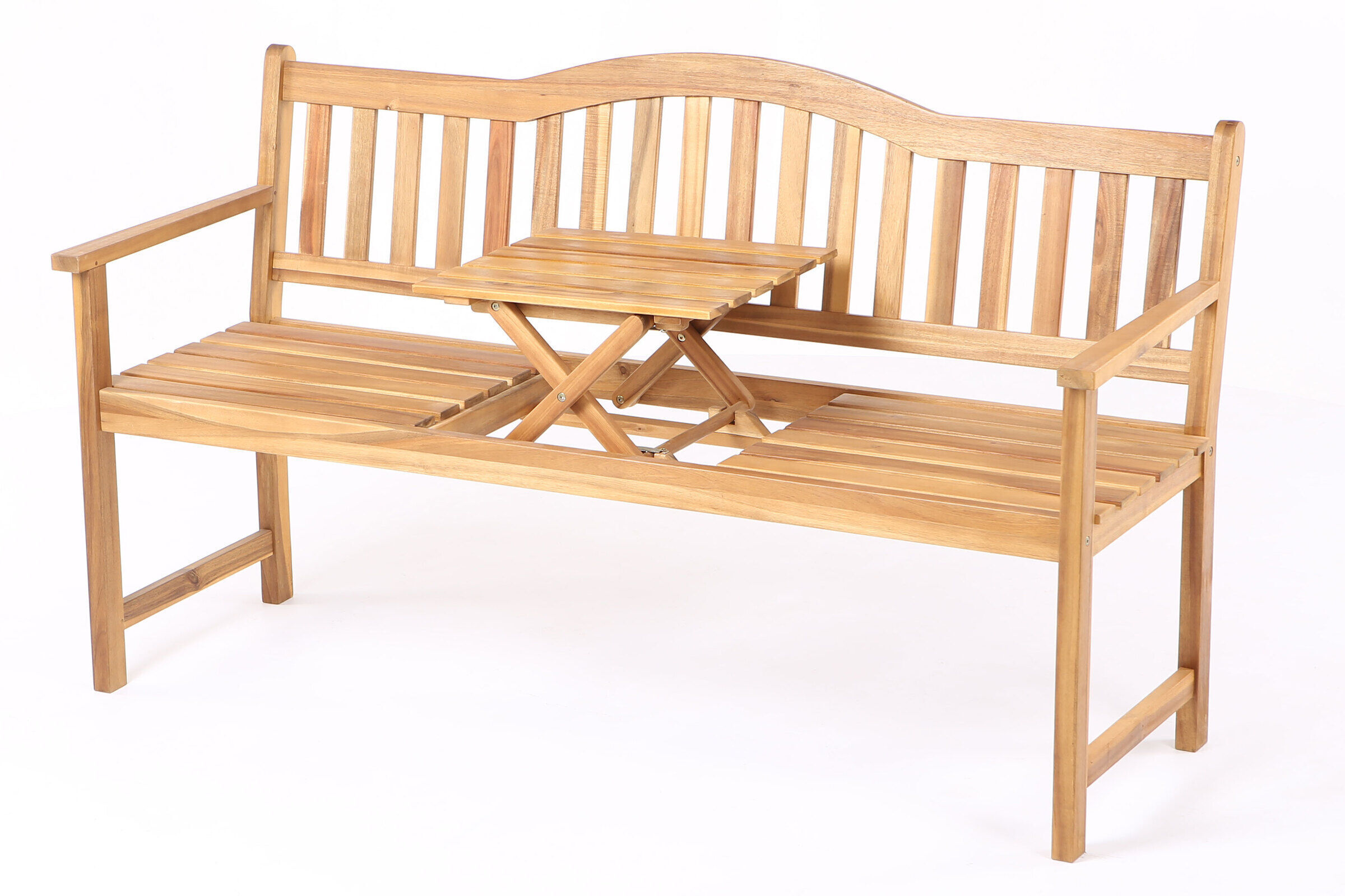 VILLANA Gartenbank, Teakoptik, Akazienholz, 152 x 59 x 86 cm, 2-3 Personen, Klapptisch-Funktion