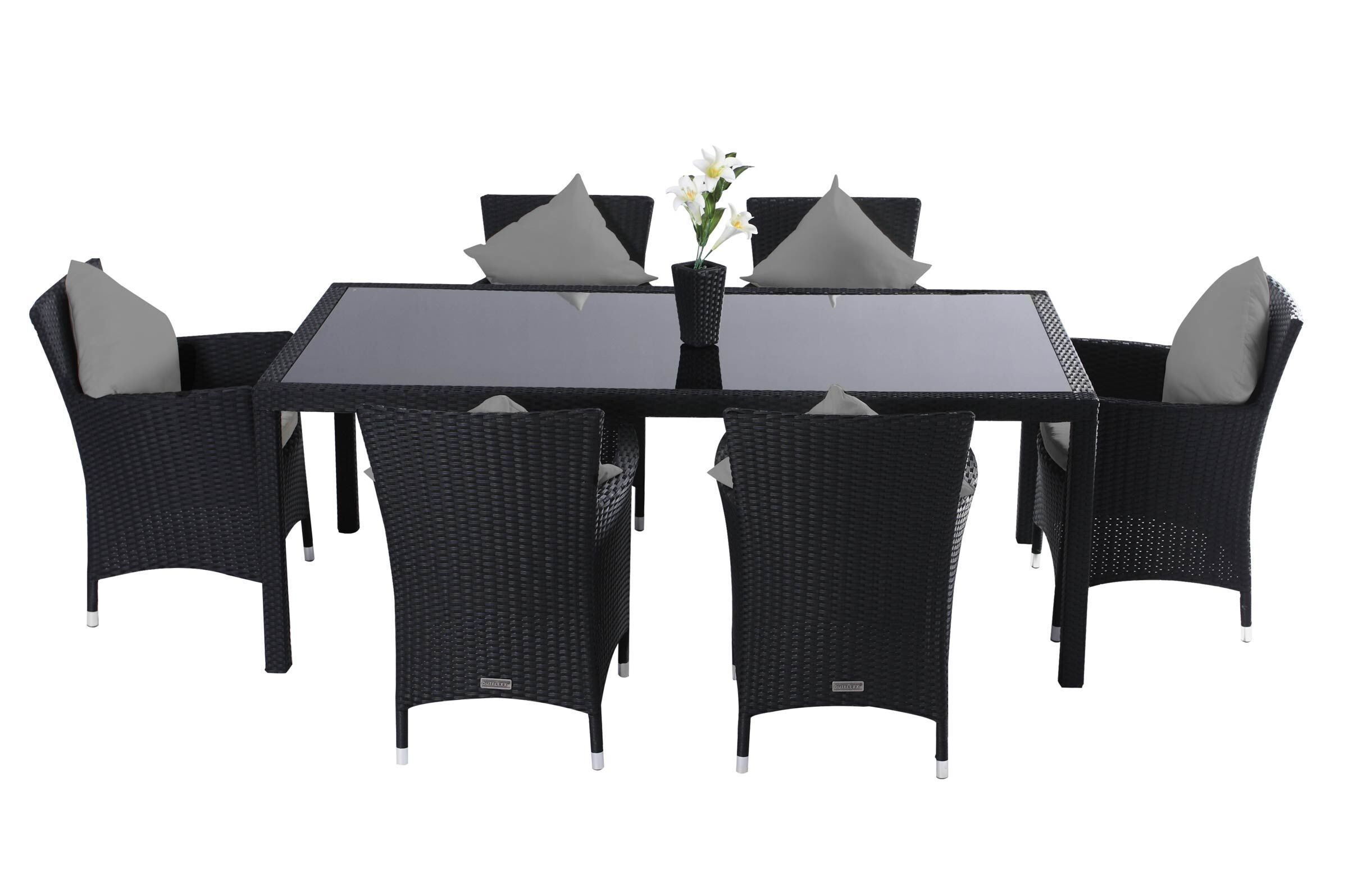 OUTFLEXX Garten-Essgruppe, schwarz, Polyrattan, 6 Pers,. 200 x 100 cm, innenl. Glas-Tischplatte