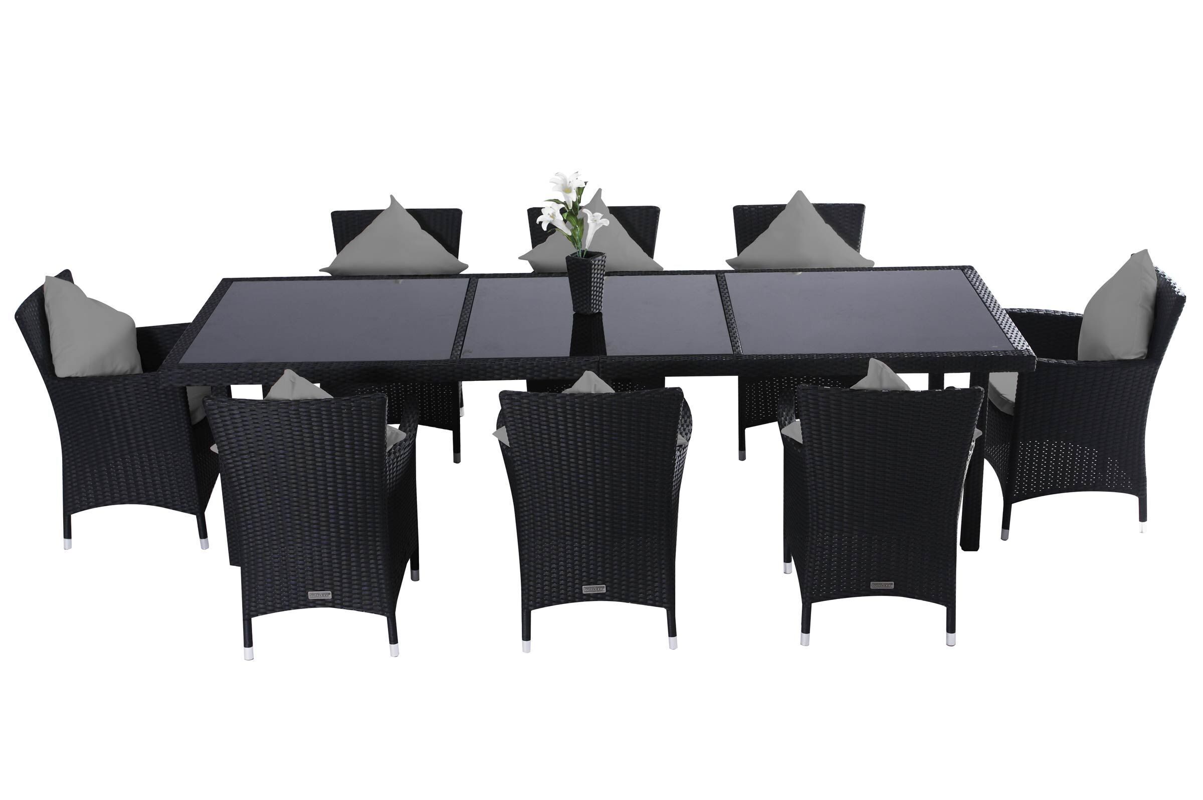 OUTFLEXX Garten-Essgruppe, schwarz, Polyrattan, 8 Pers., 280 x 100 cm, 3 innenl. Glas-Tischplatten