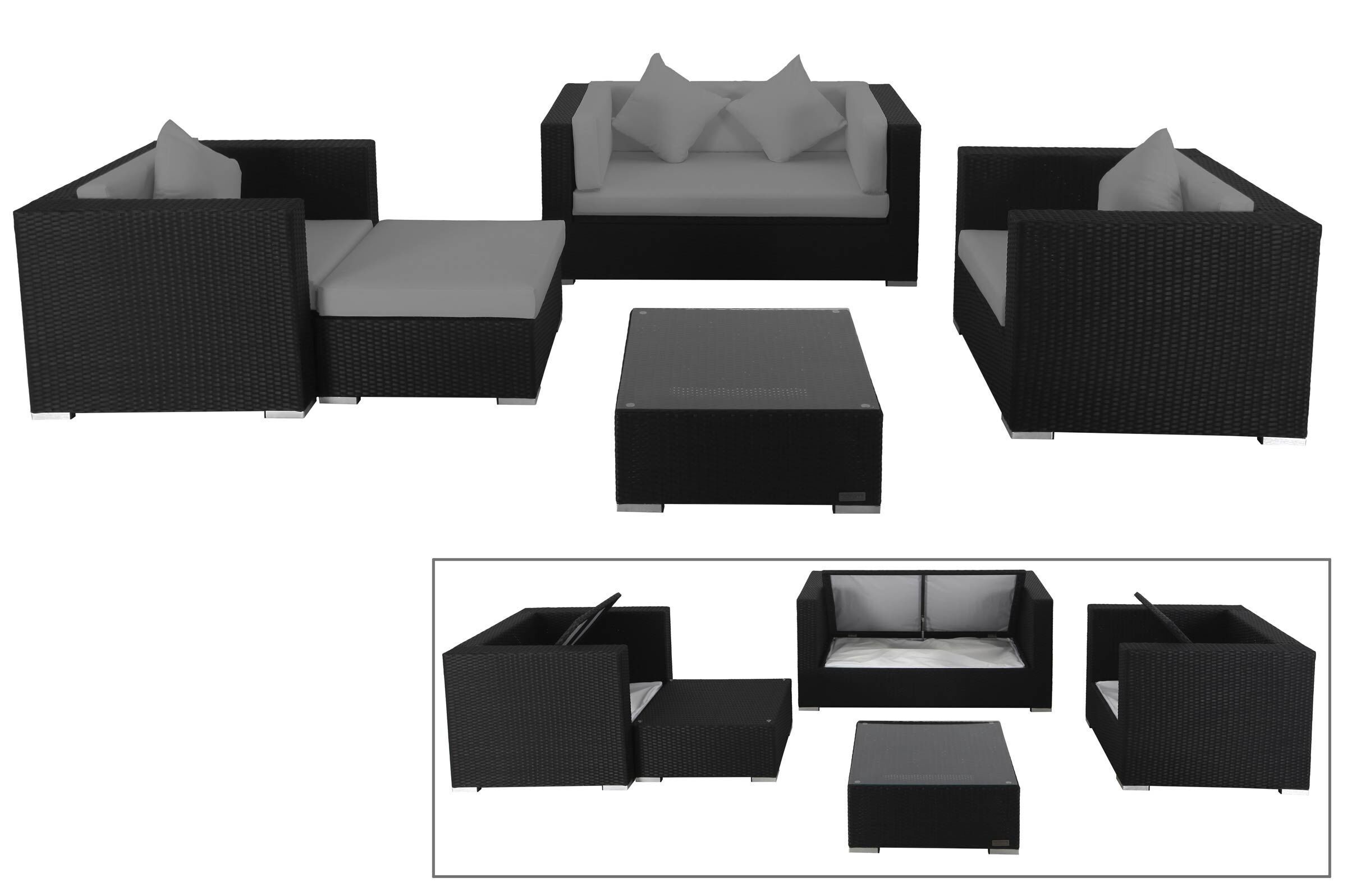 OUTFLEXX Gartenlounge, 5 Personen, schwarz, Polyrattan, inkl. Kaffeetisch, wasserfeste Kissenbox