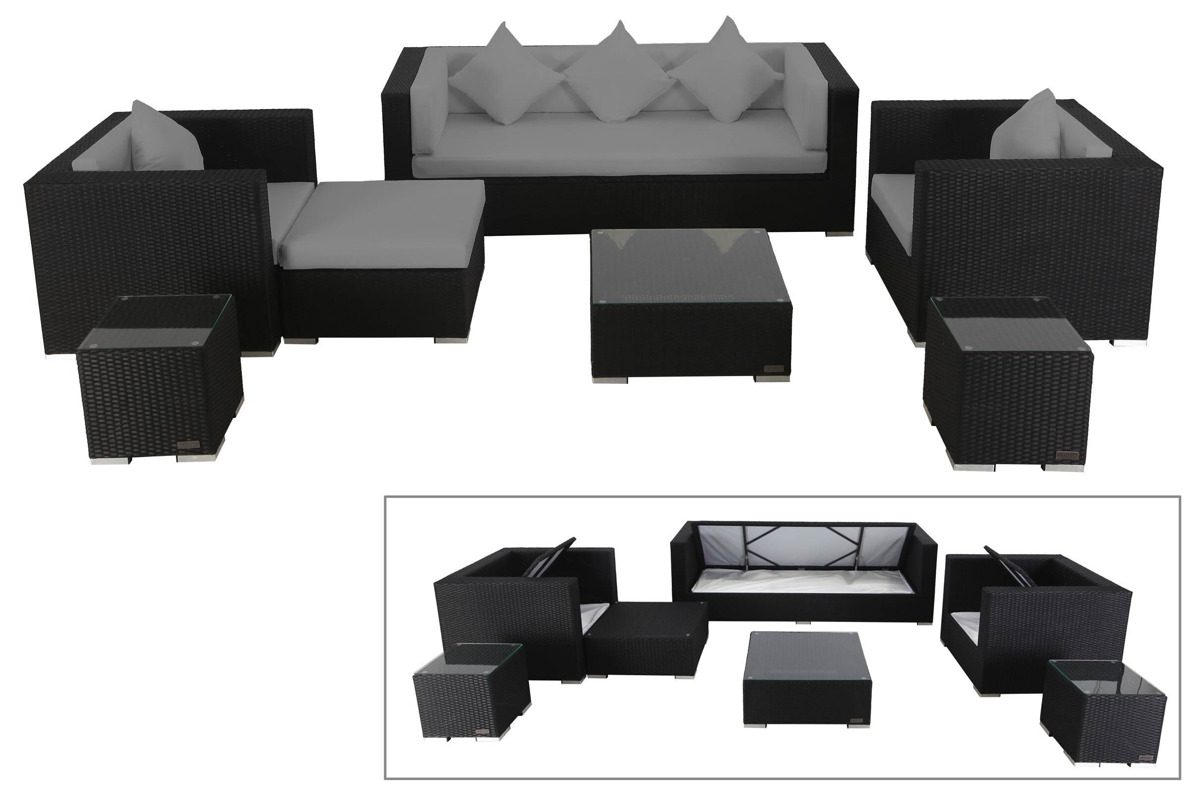 OUTFLEXX Gartenlounge, schwarz, Polyrattan, für 6 Personen, inkl. Kaffeetisch, wasserfeste Kissenbox