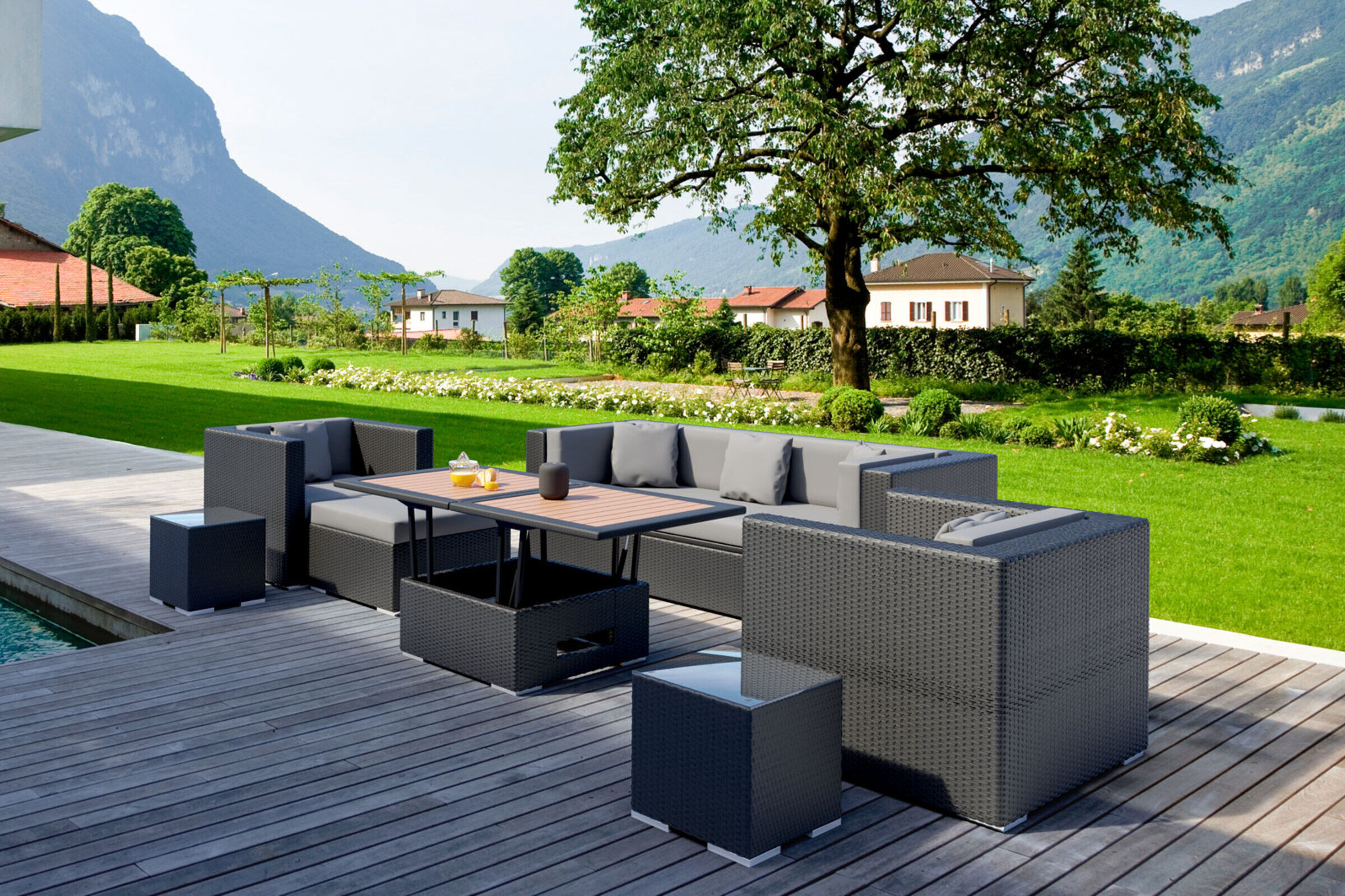 OUTFLEXX Gartenlounge, schwarz, Polyrattan, für 6 Personen, inkl. Loungetisch, wasserfeste Kissenbox