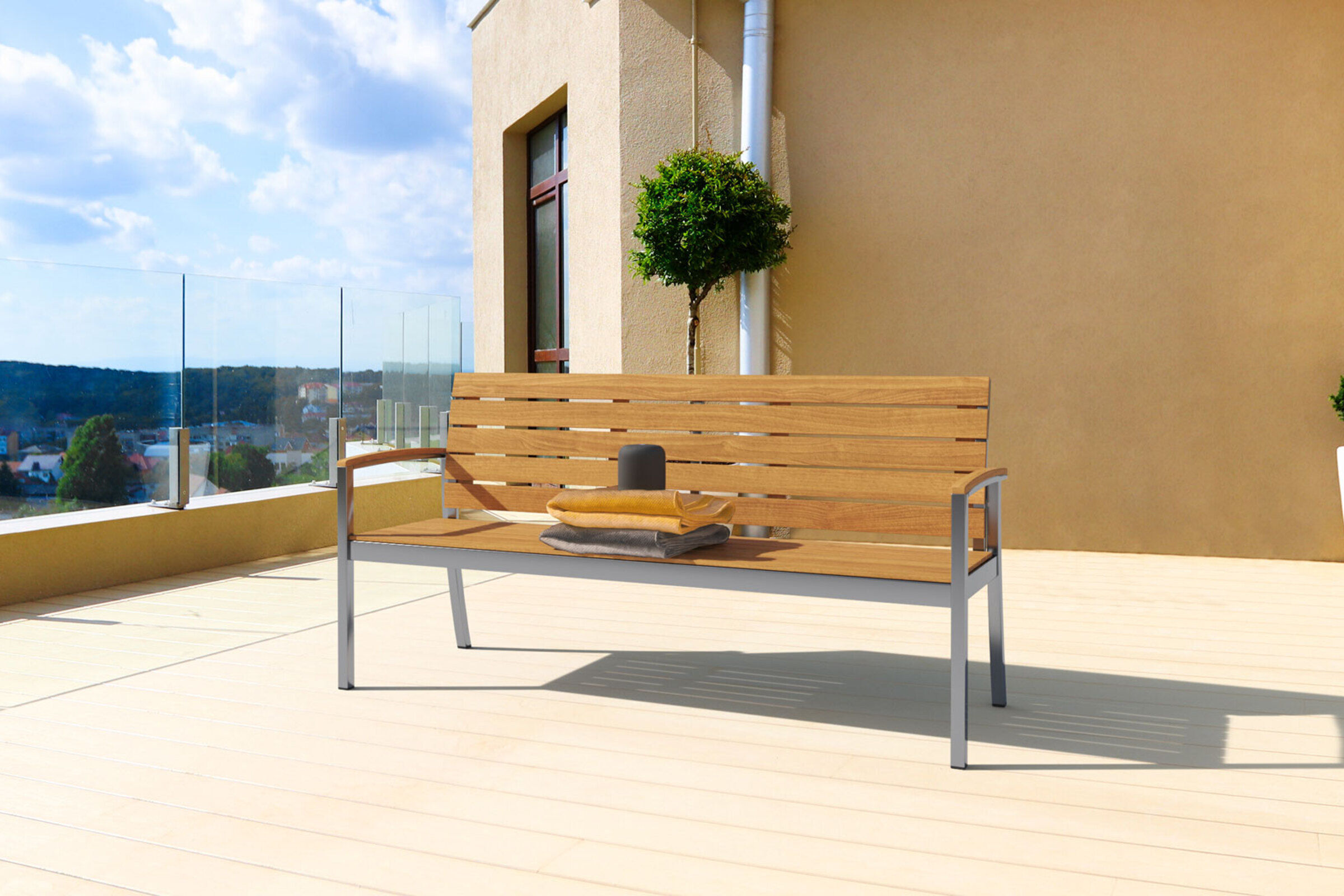 OUTFLEXX Gartenbank, FSC-Teakholz/Edelstahl, 3-Sitzer, 160x55x80cm