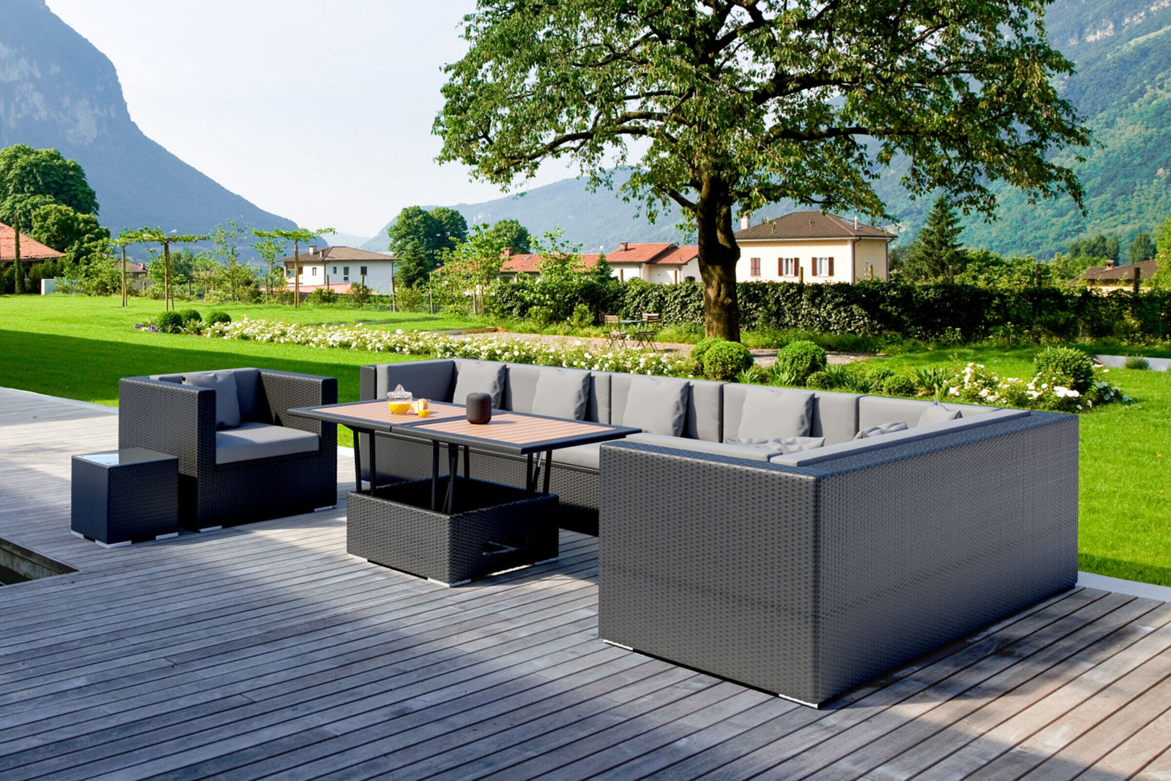 OUTFLEXX Gartenlounge, schwarz, Polyrattan, für 8 Personen, inkl. Loungetisch, wasserfeste Kissenbox