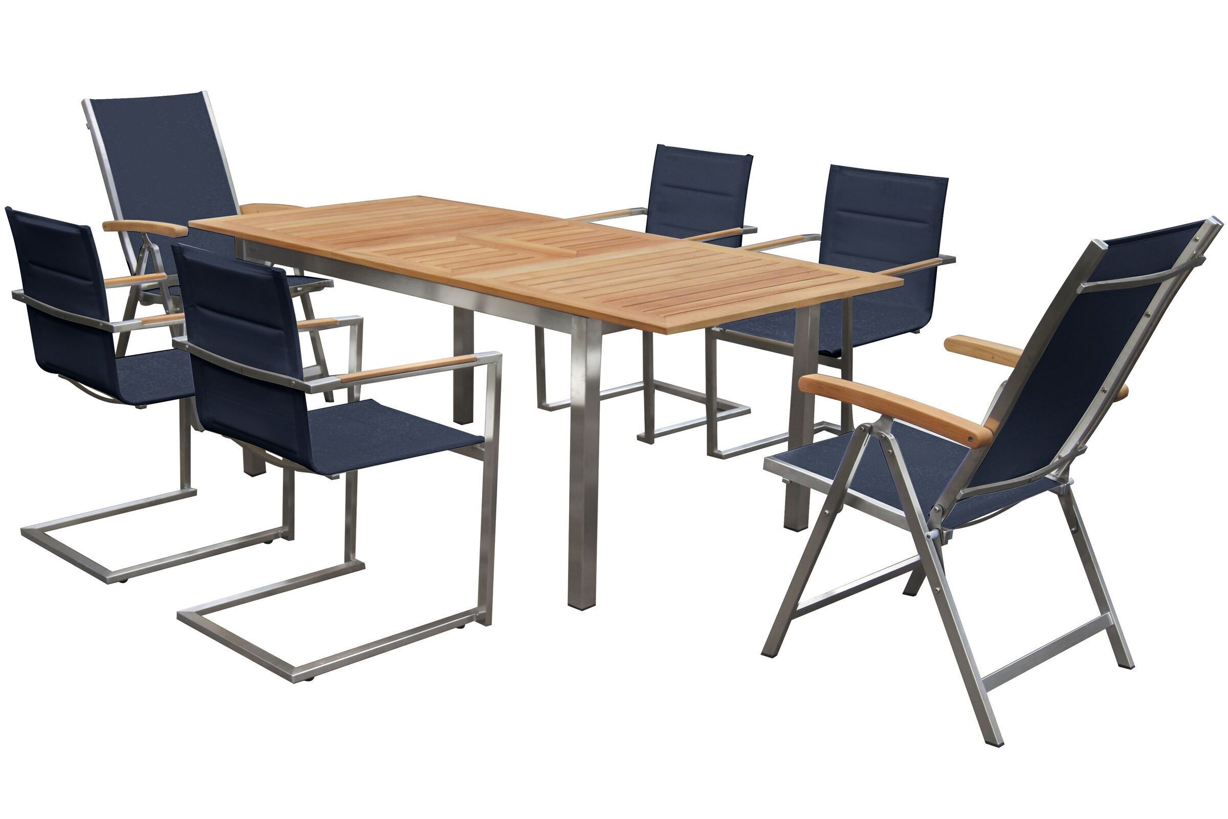 OUTFLEXX Garten-Essgruppe, schwarz, 180/240 x 100 cm, Edelstahl/Teak, Ausziehtisch, 4 Stühle padded, 2 Multipositionssessel