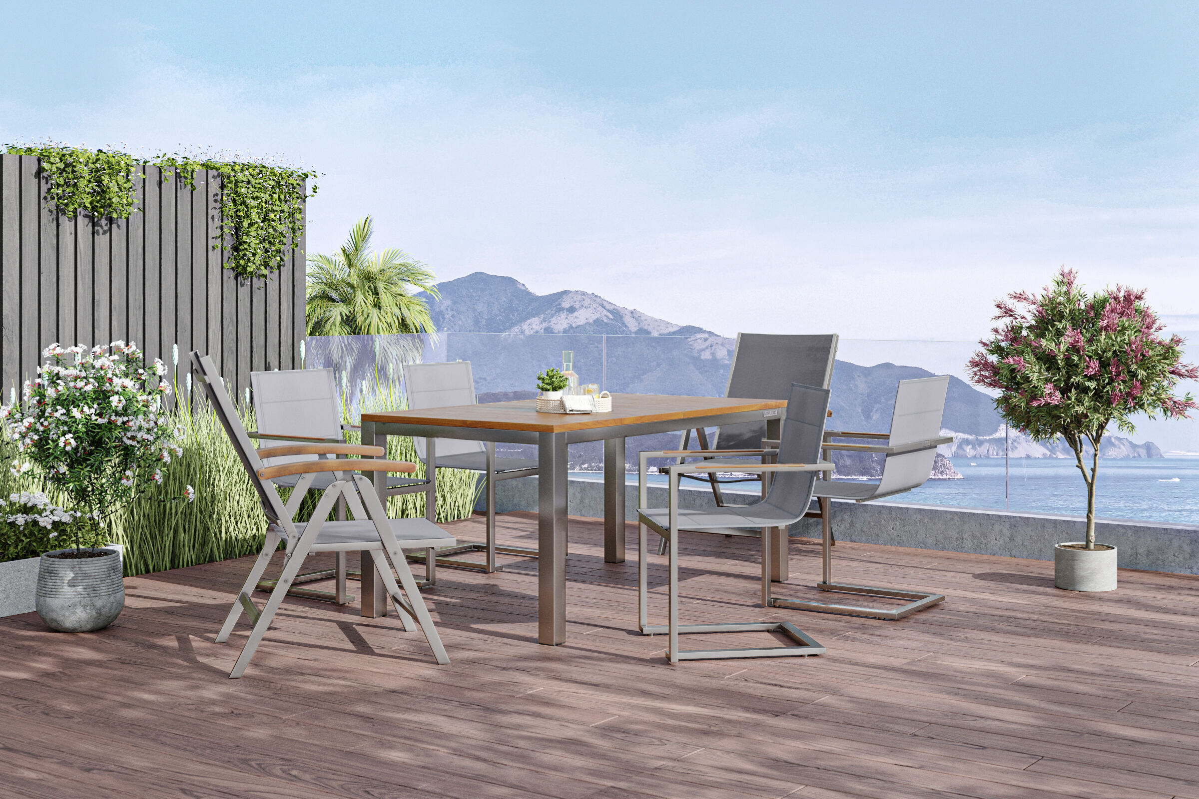 OUTFLEXX Garten-Essgruppe, taupe, 180/240 x 100 cm, Edelstahl/Teak, Ausziehtisch, 4 Stühle padded, 2 Multipositionssessel