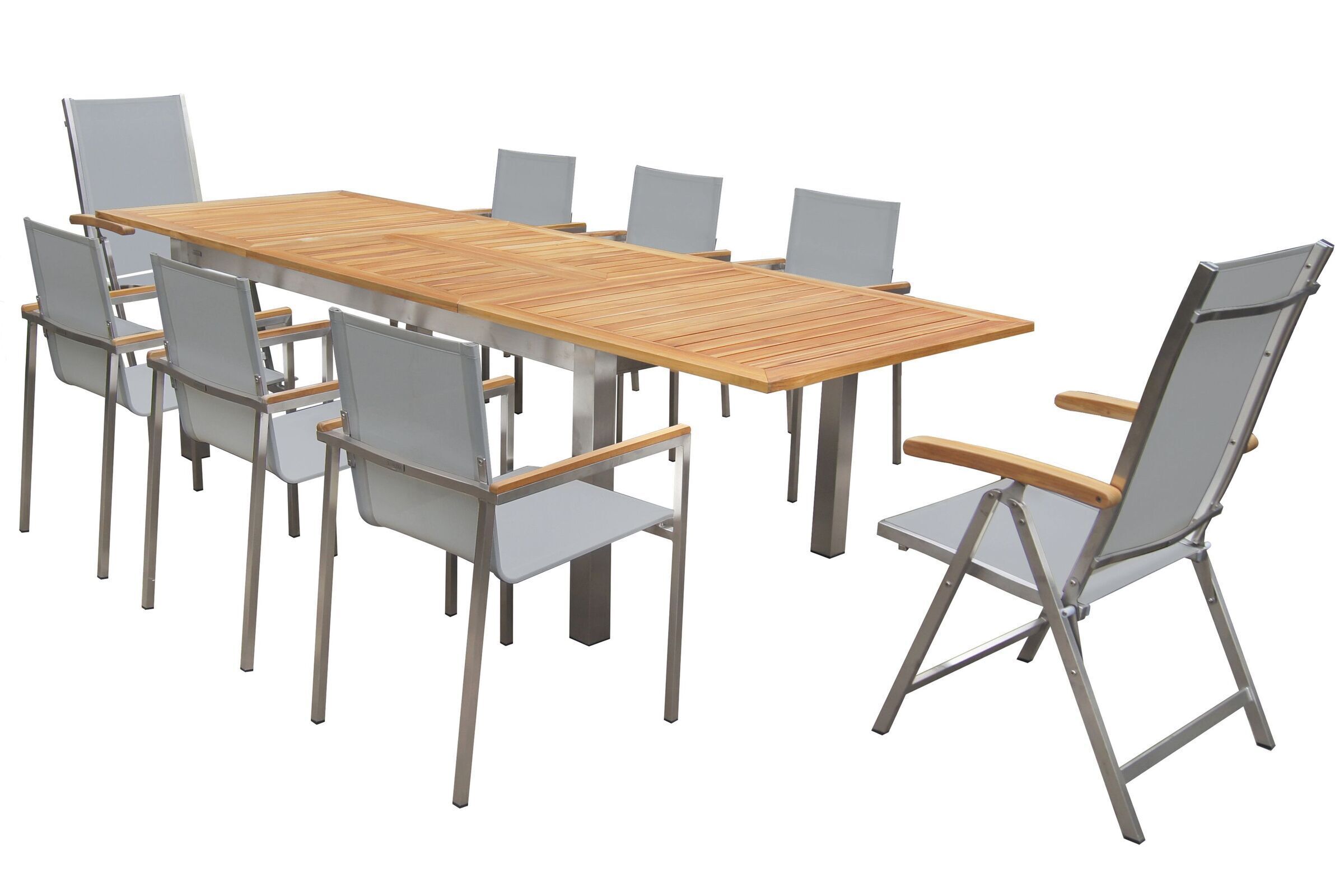 OUTFLEXX Garten-Essgruppe, silber, 200/300 x 100 cm, Edelstahl/Teak, Ausziehtisch, 6 Stapelstühle, 2 Multipositionssessel