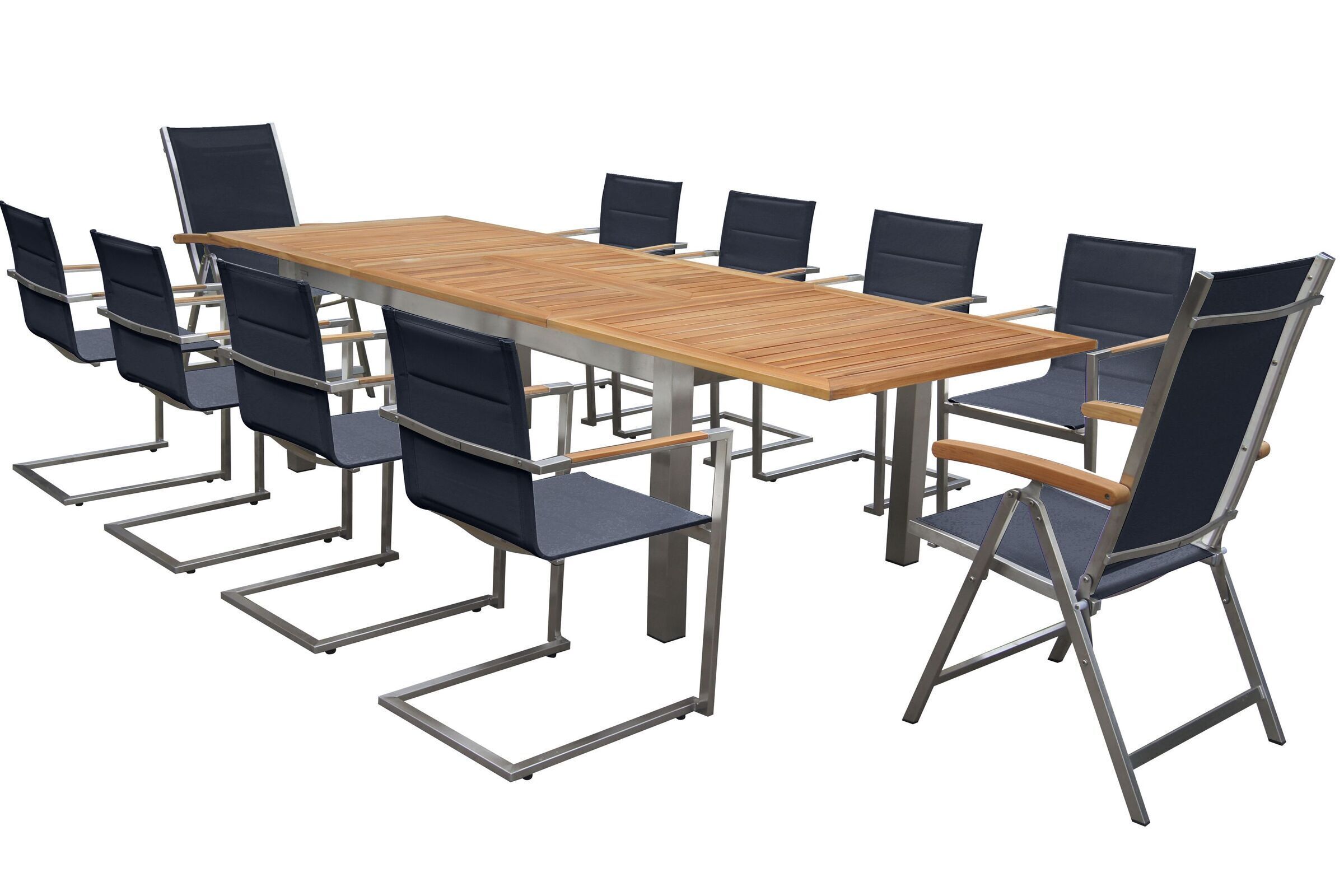 OUTFLEXX Garten-Essgruppe, schwarz, 200/300 x 100 cm, Edelstahl/Teak, Ausziehtisch, 6 Stühle padded, 2 Multipositionssessel