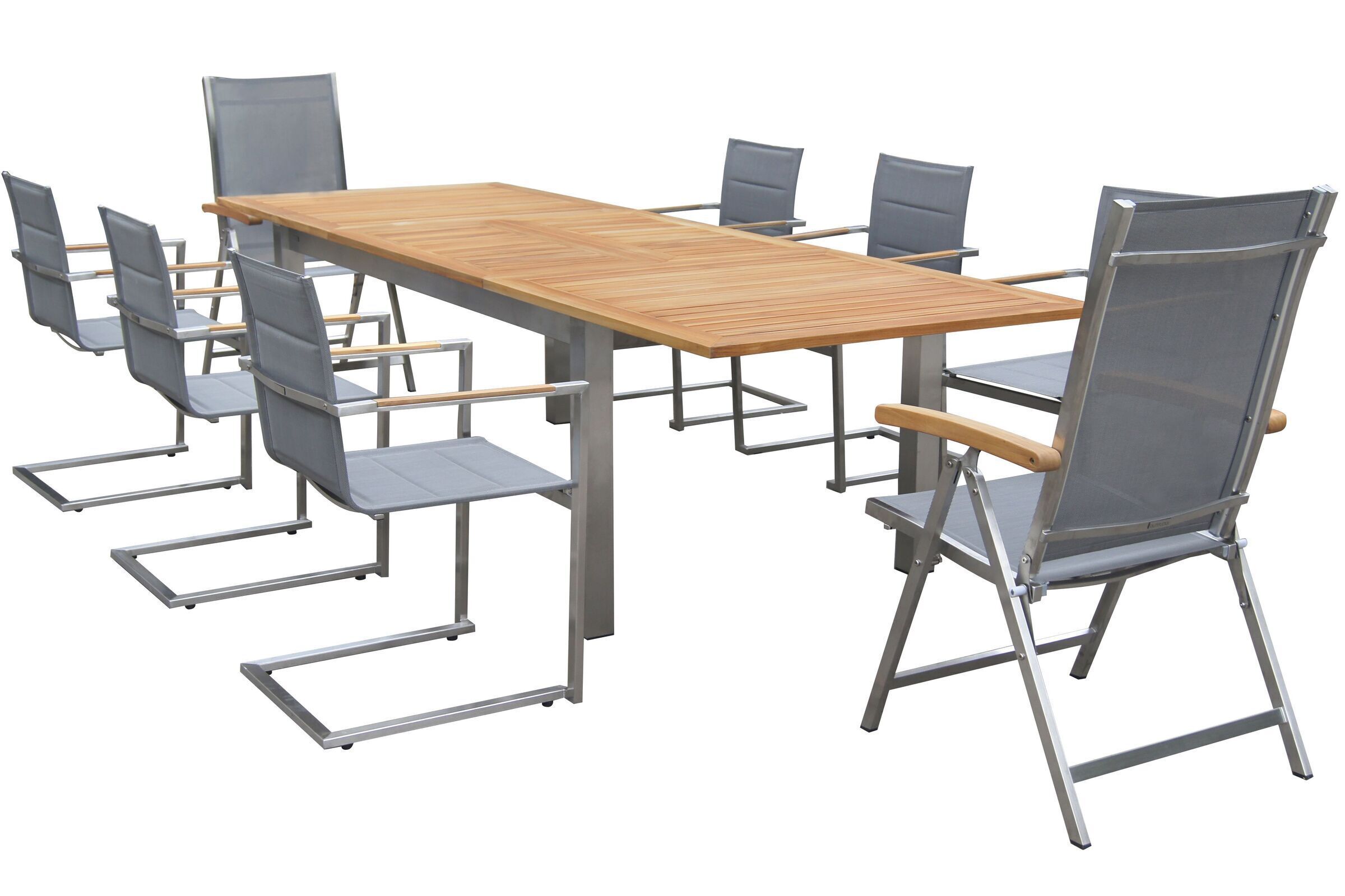 OUTFLEXX Garten-Essgruppe, silber, 200/300 x 100 cm, Edelstahl/Teak, Ausziehtisch, 6 Stühle padded, 2 Multipositionssessel