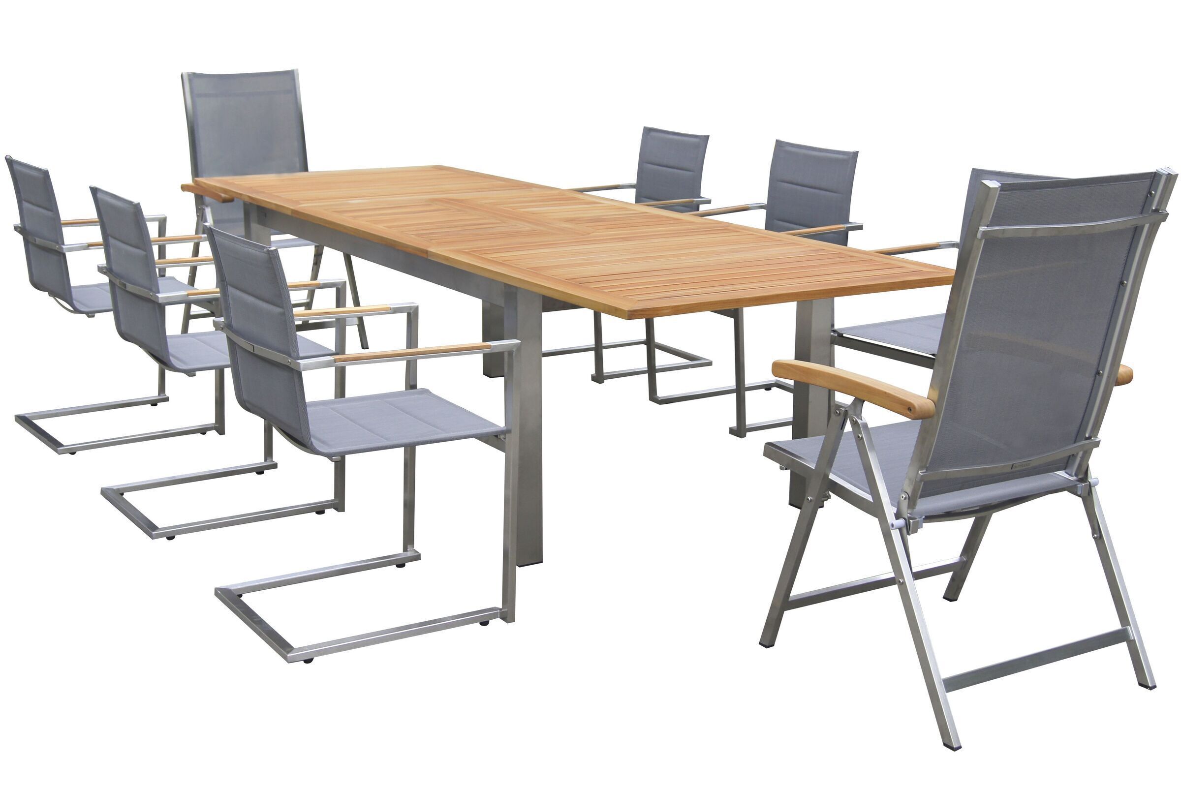 OUTFLEXX Garten-Essgruppe, taupe, 200/300 x 100 cm, Edelstahl/Teak, Ausziehtisch, 6 Stühle padded, 2 Multipositionssessel