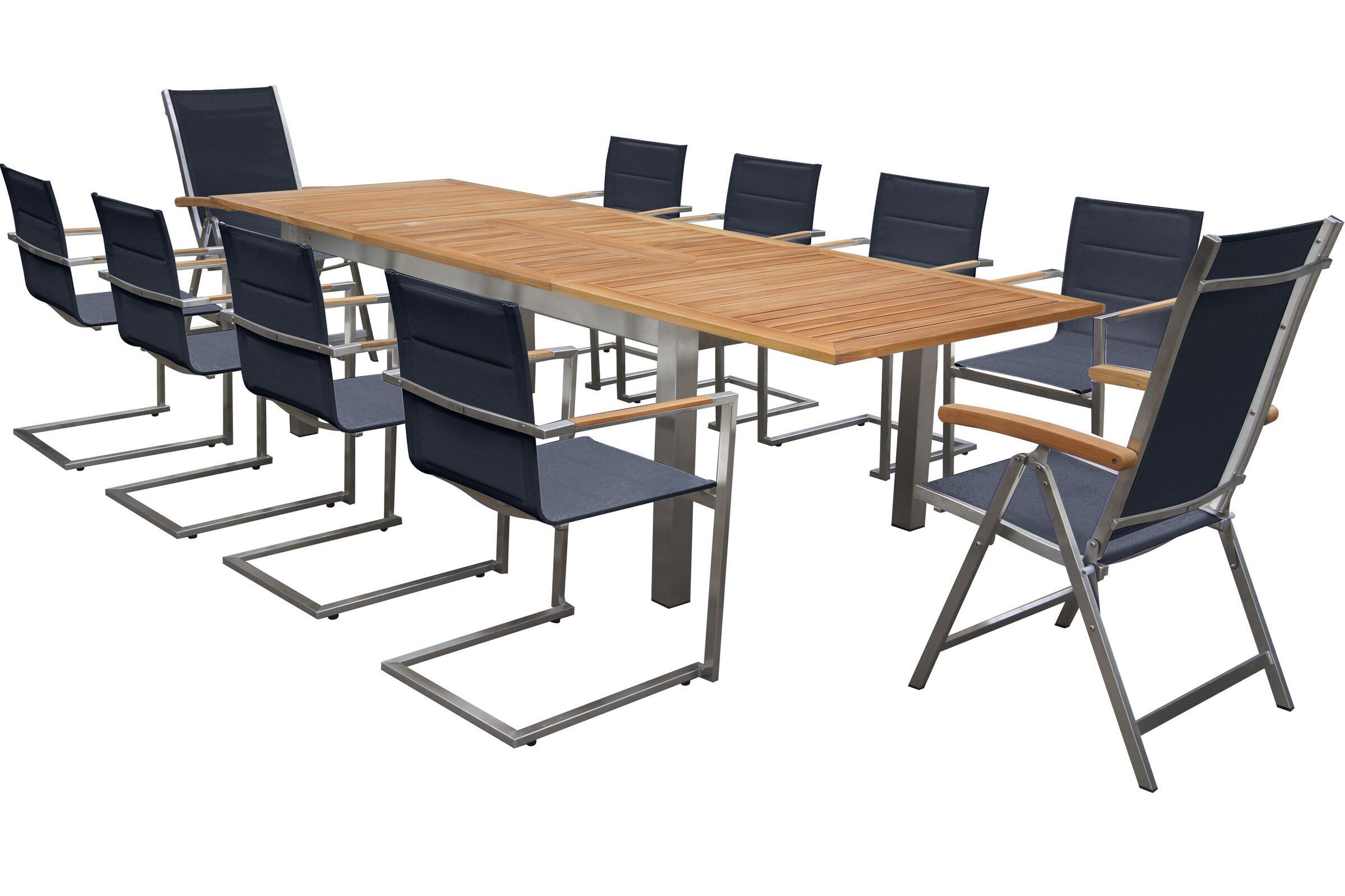 OUTFLEXX Garten-Essgruppe, schwarz, 200/300 x 100 cm, Edelstahl/Teak, Ausziehtisch, 8 Stühle padded, 2 Multipositionssessel