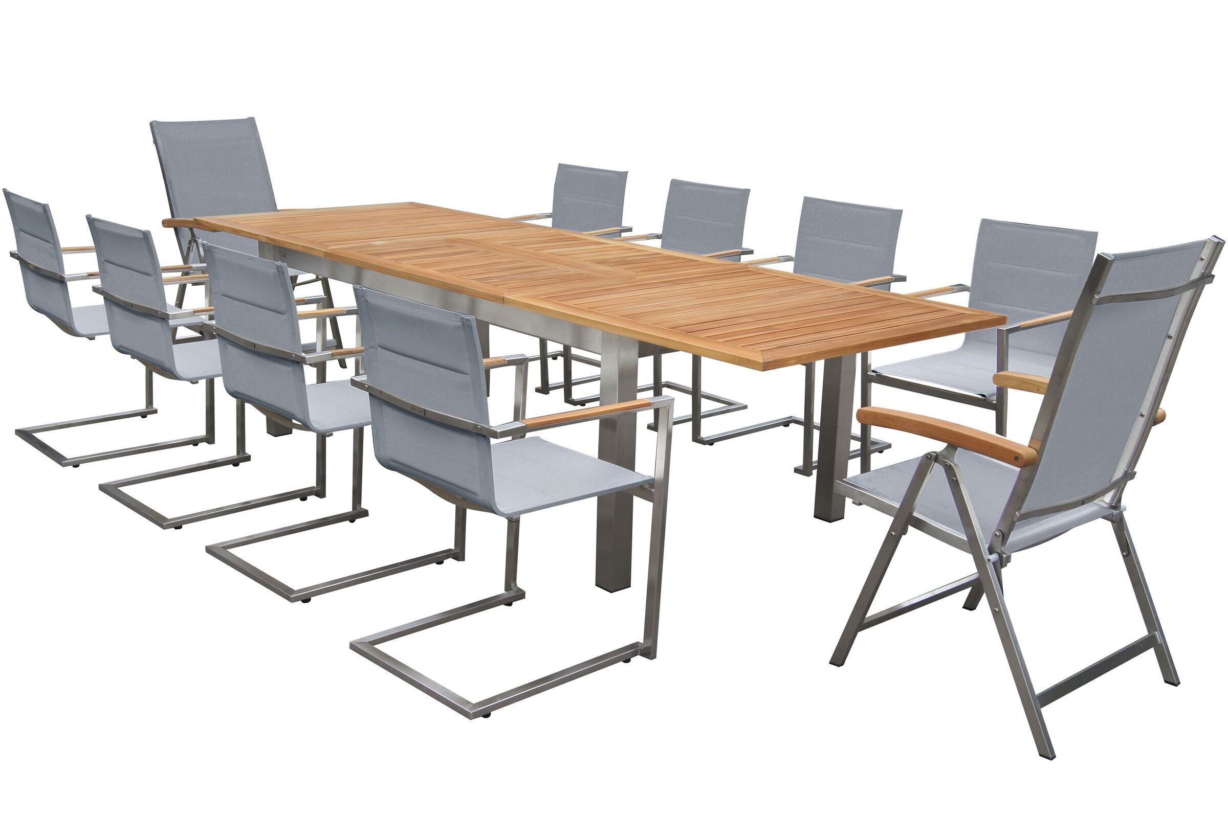 OUTFLEXX Garten-Essgruppe, silber, 200/300 x 100 cm, Edelstahl/Teak, Ausziehtisch, 8 Stühle padded, 2 Multipositionssessel