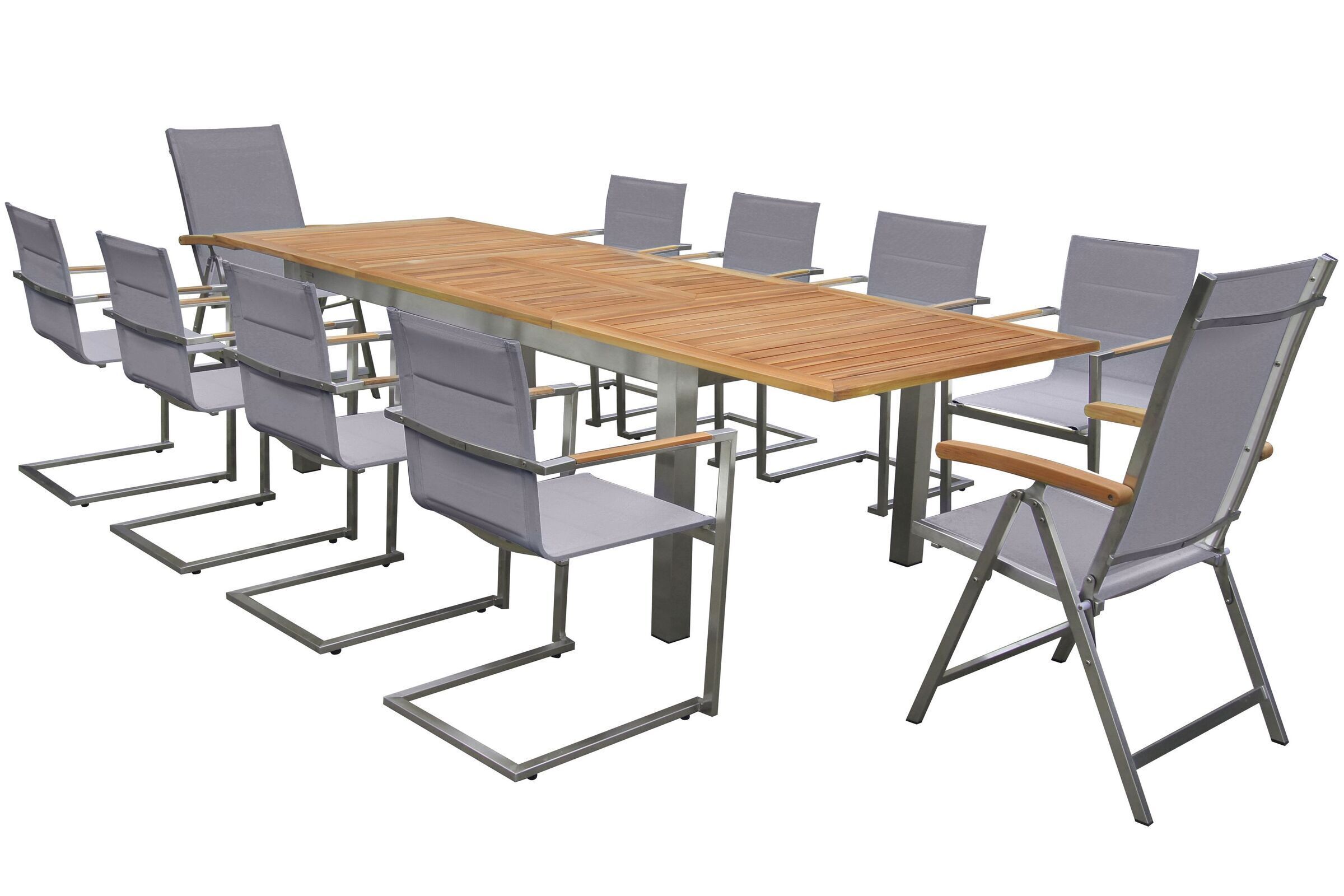 OUTFLEXX Garten-Essgruppe, taupe, 200/300 x 100 cm, Edelstahl/Teak, Ausziehtisch, 8 Stühle padded, 2 Multipositionssessel