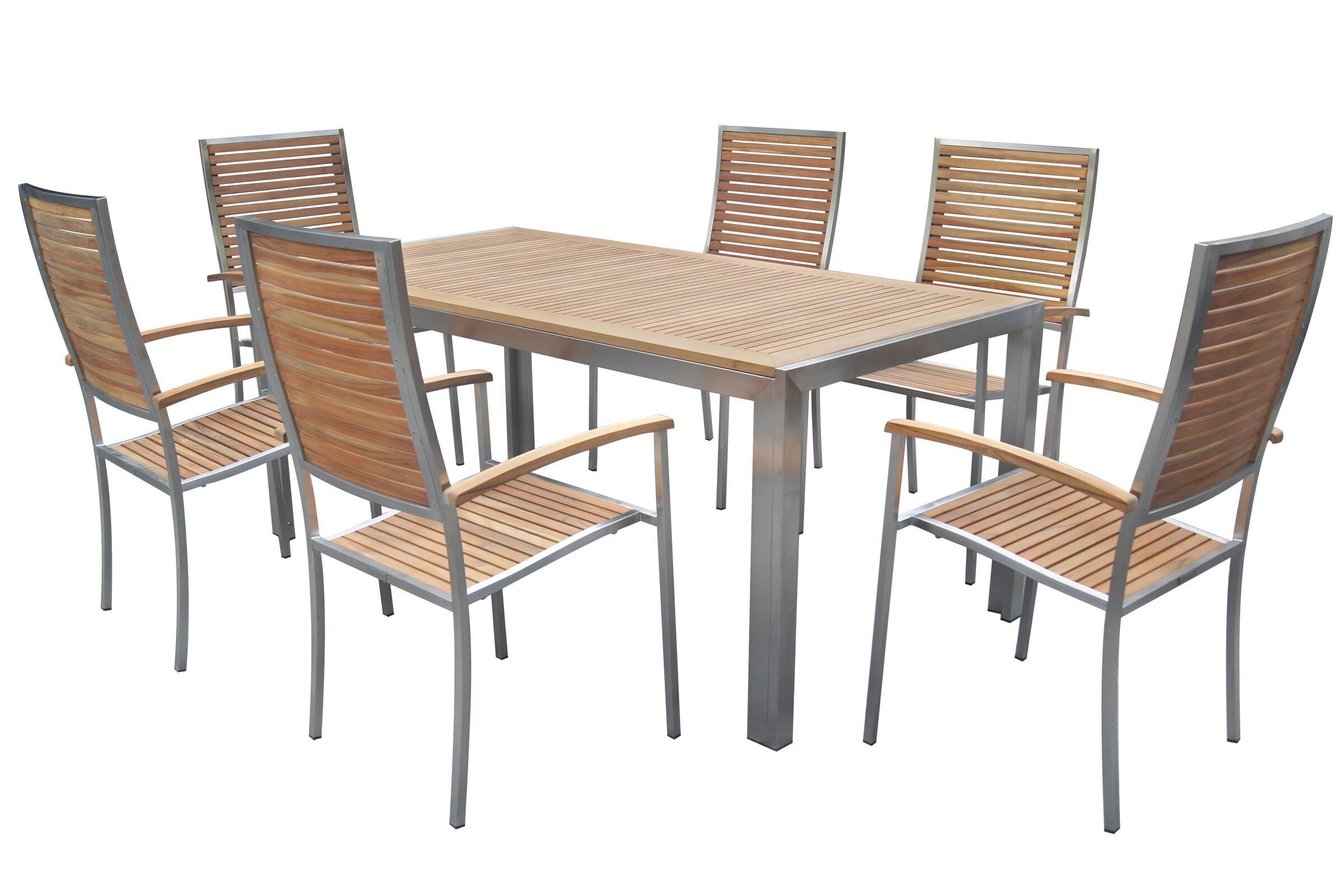 OUTFLEXX Garten-Essgruppe, natur, Edelstahl/Teak, Esstisch 180x90cm, 6 Hochlehner