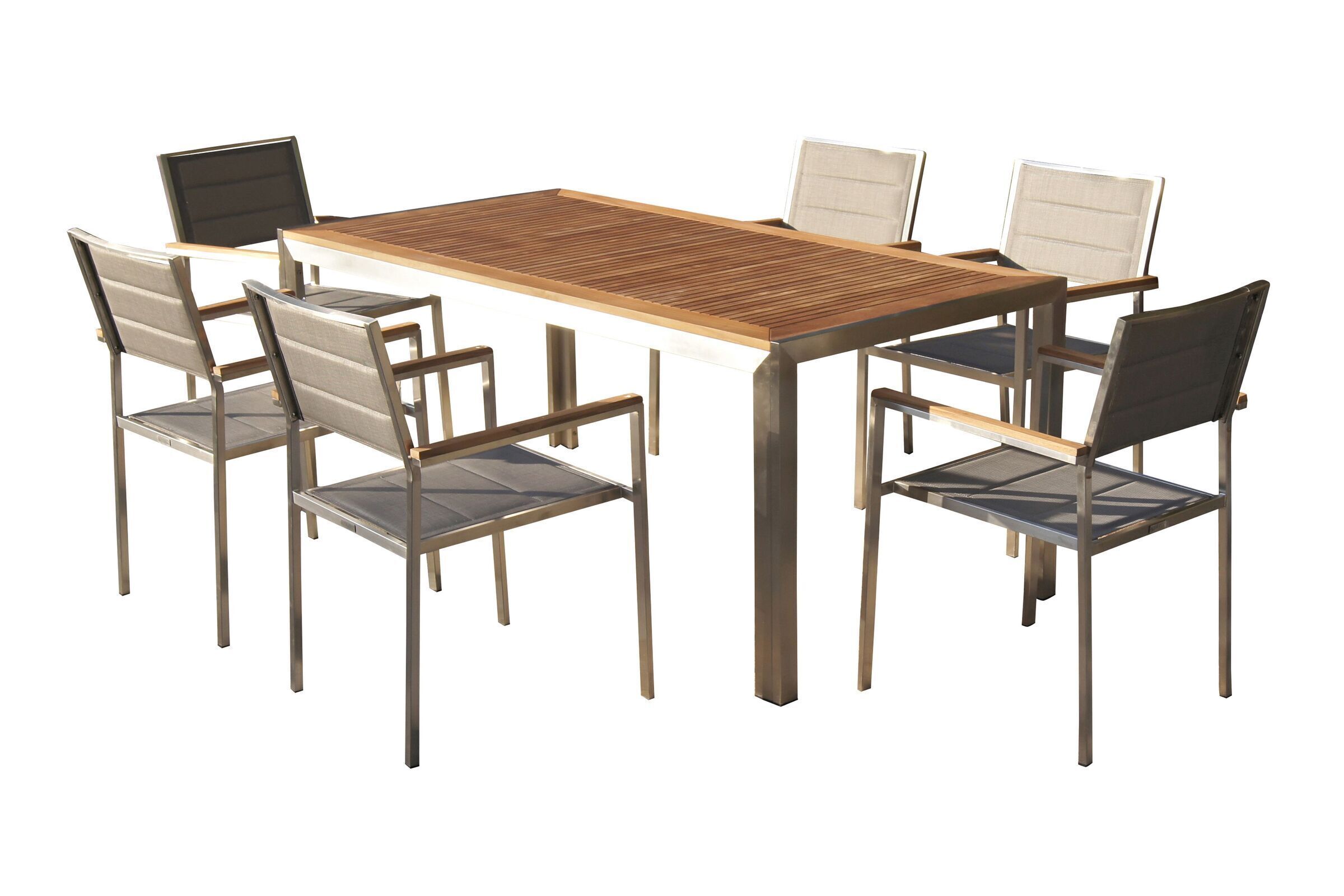 OUTFLEXX Garten-Essgruppe, silber, Edelstahl/Teak, Esstisch 180 x 90 cm, 6 Stapelstühle gepolstert