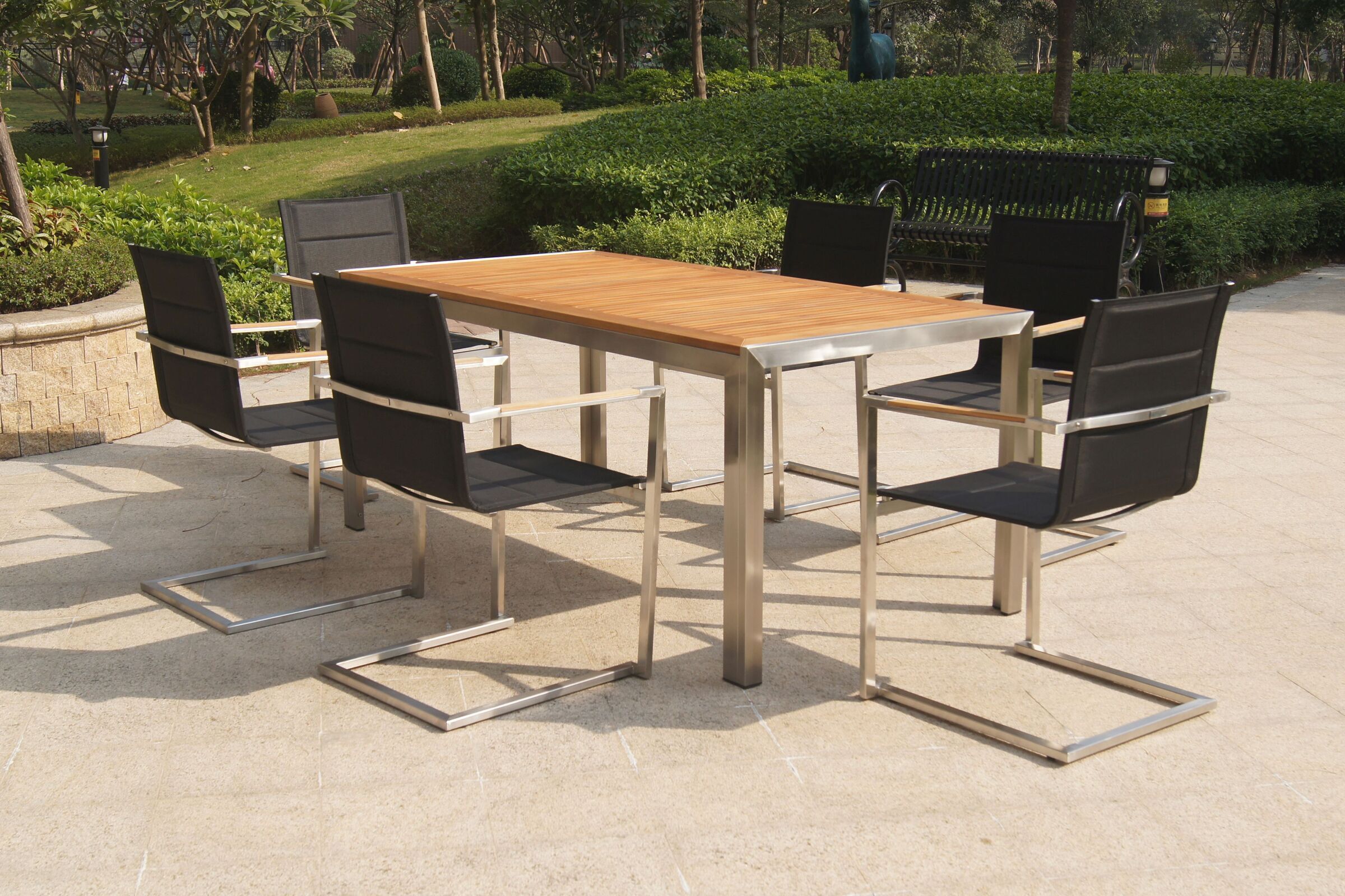 OUTFLEXX Garten-Essgruppe, schwarz, Edelstahl/Teak, Esstisch 200 x 90 cm, 6 Stapelstühle gepolstert