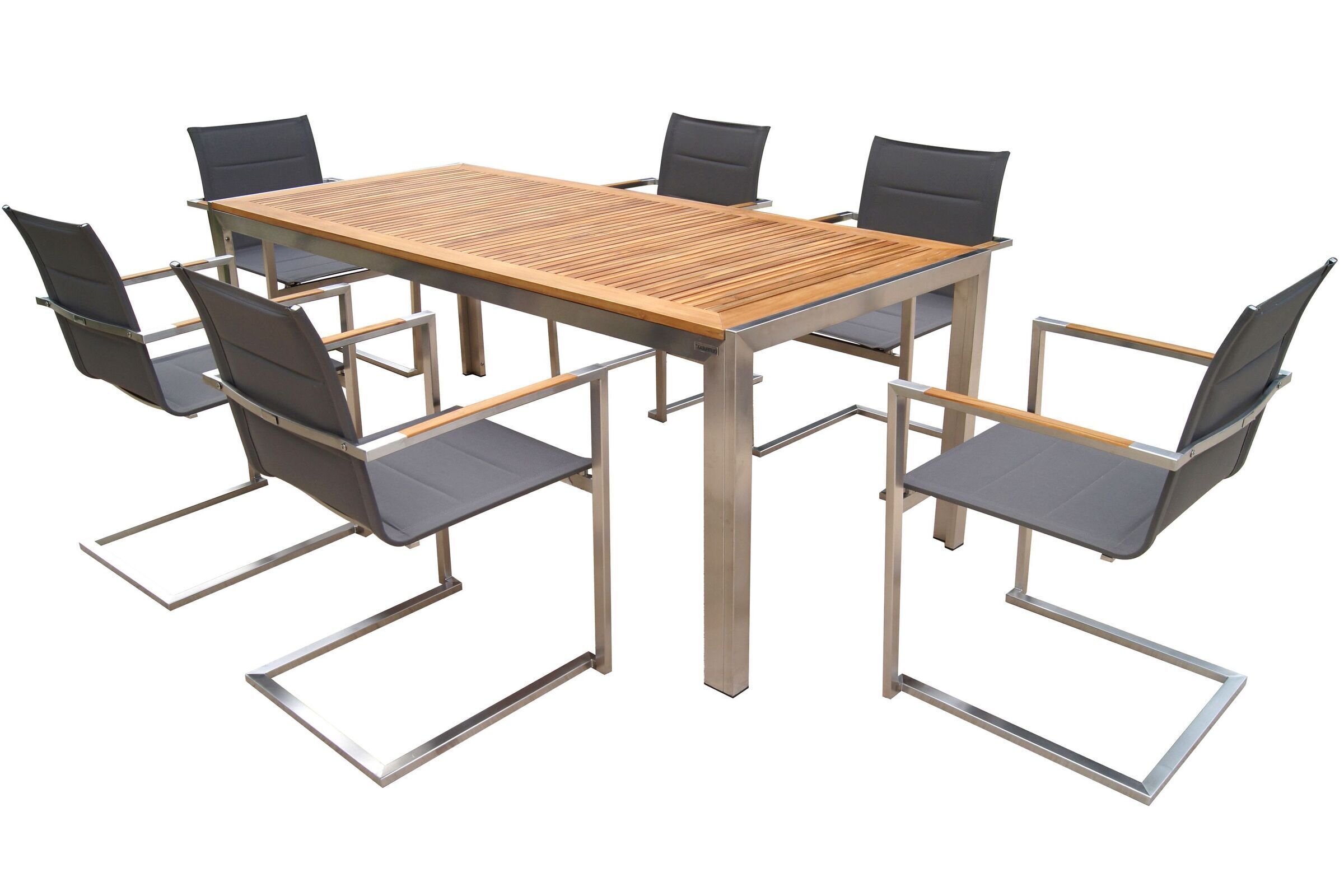 OUTFLEXX Garten-Essgruppe, taupe, Edelstahl/Teak, Esstisch 200 x 90 cm, 6 Stapelstühle gepolstert