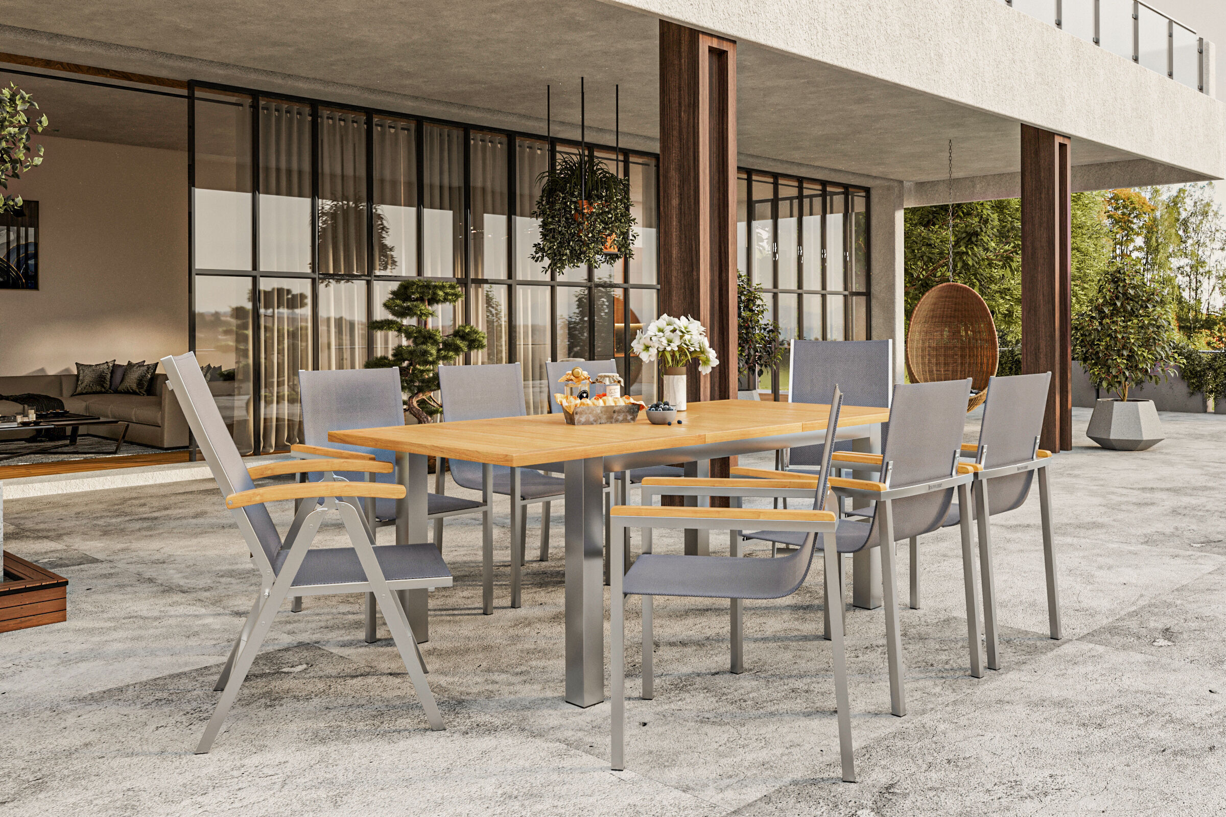 OUTFLEXX Garten-Essgruppe, taupe, 150 x 90 cm, Edelstahl/Teak, Ausziehtisch, 6 Stühle, 2 Multipositionssessel