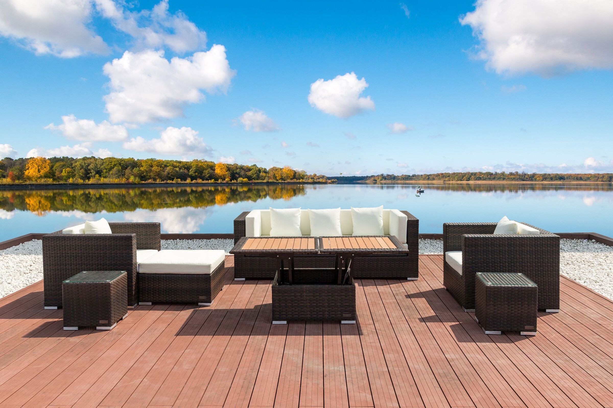 OUTFLEXX Gartenlounge, braun marmoriert, Polyrattan, 6 Pers, wasserfeste Kissenbox, inkl. Loungetisch