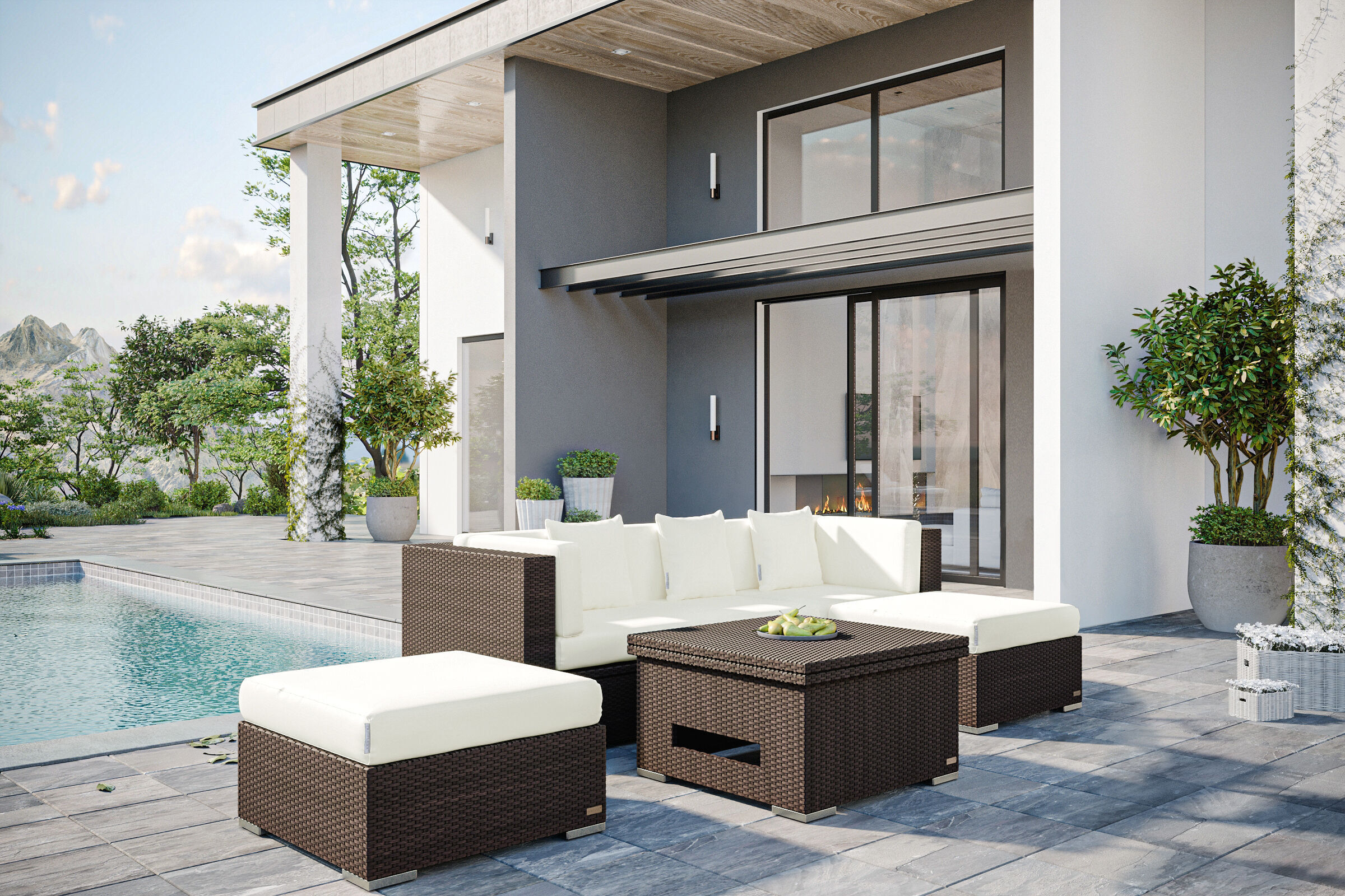 OUTFLEXX Gartenlounge, braun marmoriert, 5 Pers, Polyrattan, wasserfeste Kissenbox, inkl. Loungetisch