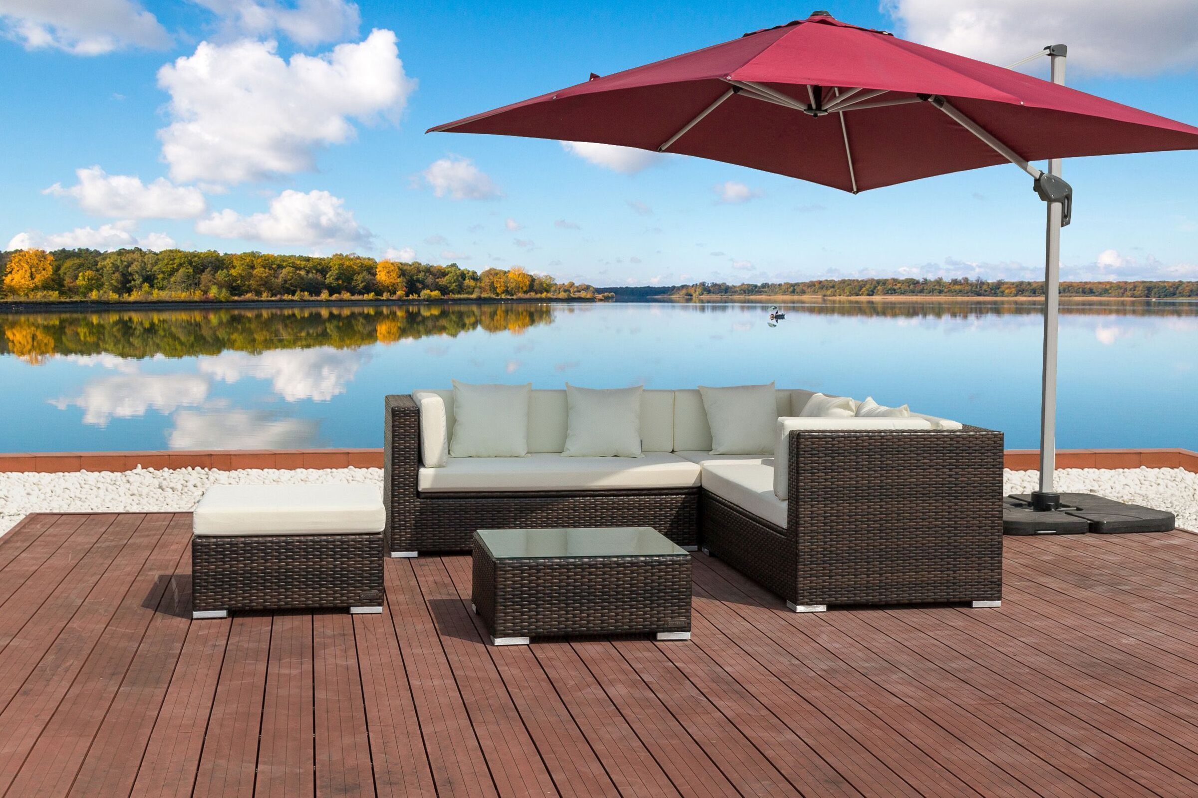 OUTFLEXX Gartenlounge, braun marmoriert, 6 Pers, Polyrattan, wasserfeste Kissenbox, inkl. Loungetisch