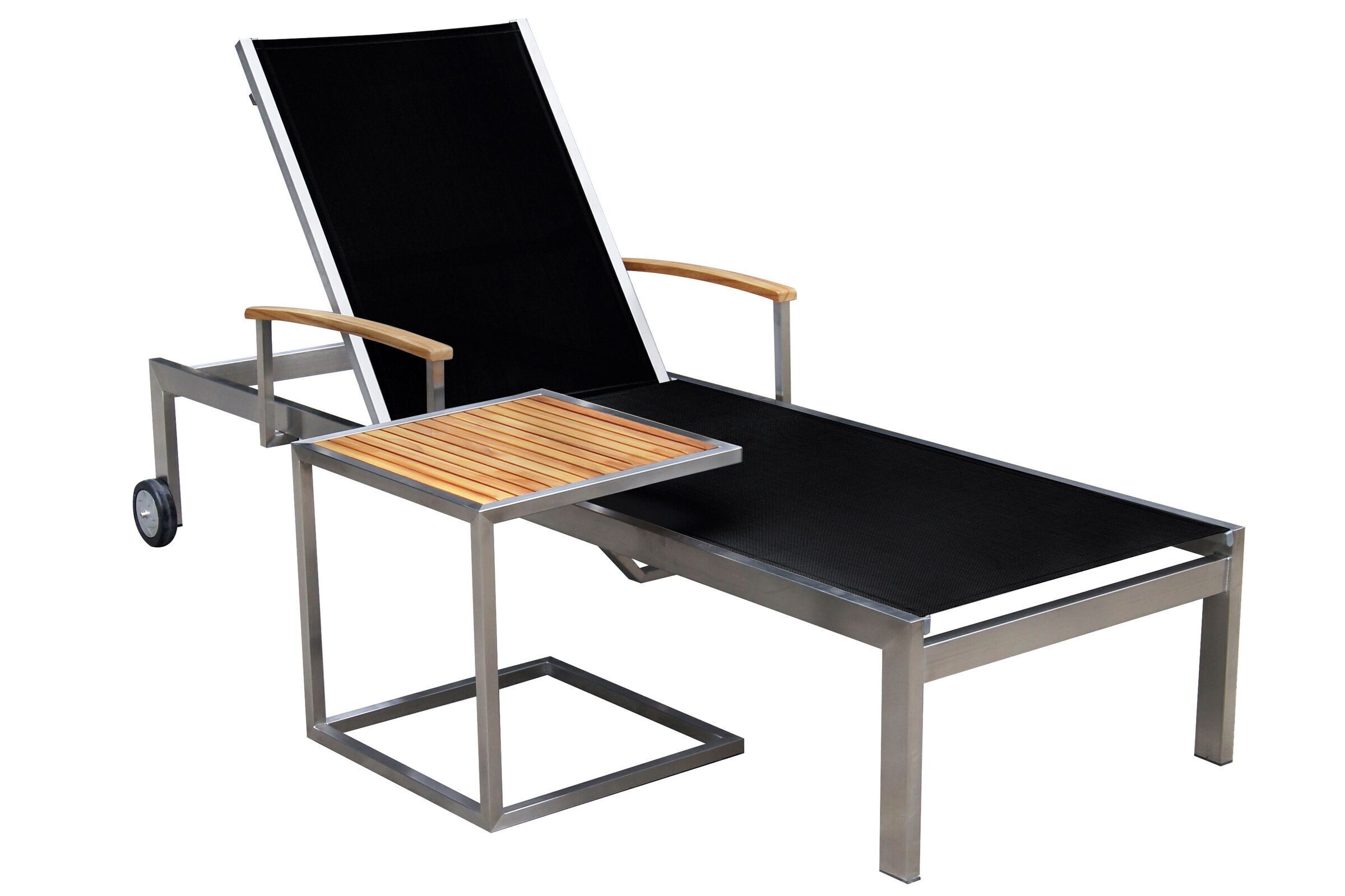 OUTFLEXX Sonnenliegen-Set, schwarz, Edelstahl/FSC-Teak, 195,5x74x35cm, mit Armlehnen, inkl. Beistelltisch 45x45cm