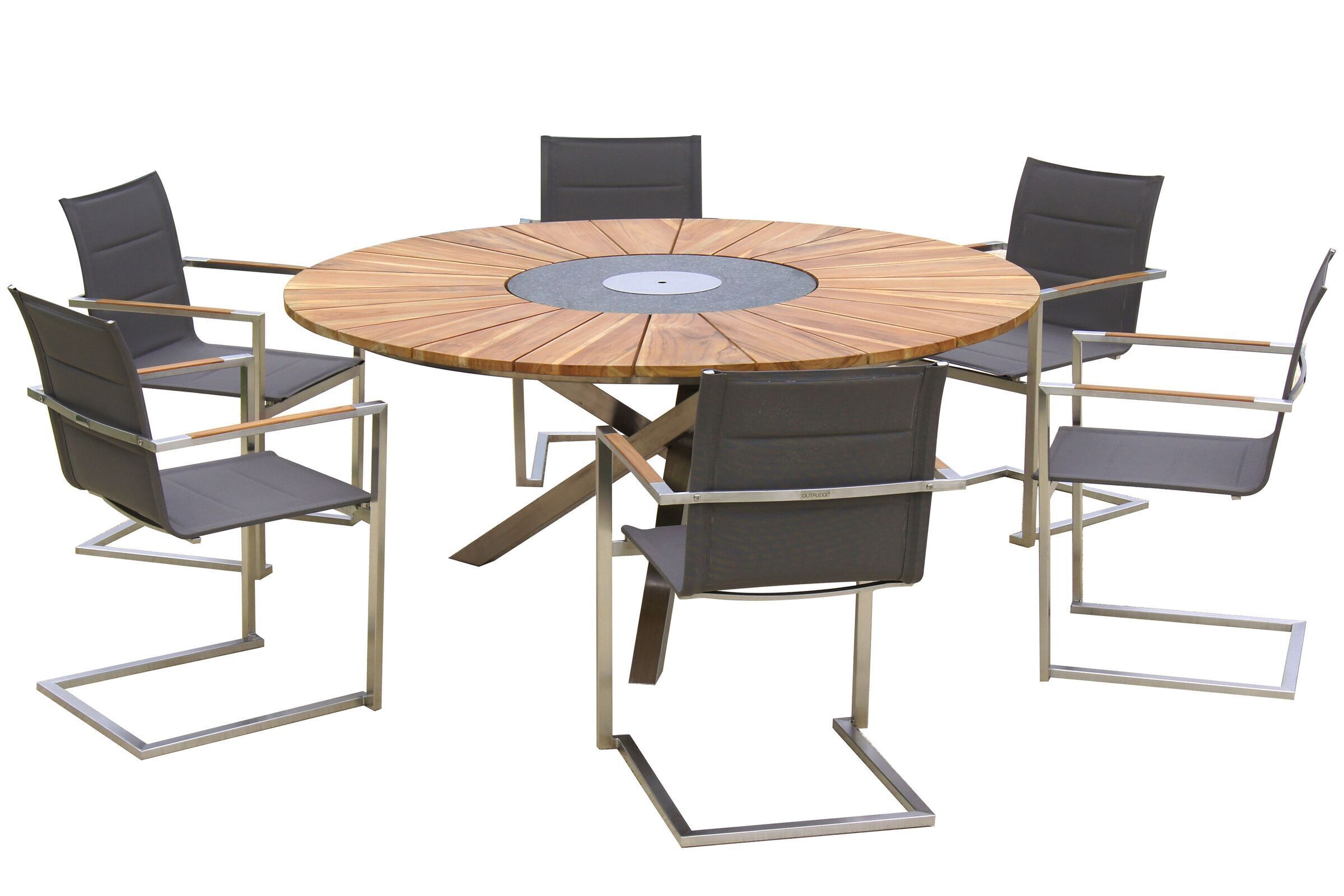 OUTFLEXX Garten-Essgruppe, taupe, Edelstahl/FSC-Teak, Ø 170 cm, 6 Freischwinger, inkl. drehbarer Granitplatte + Eiskühler