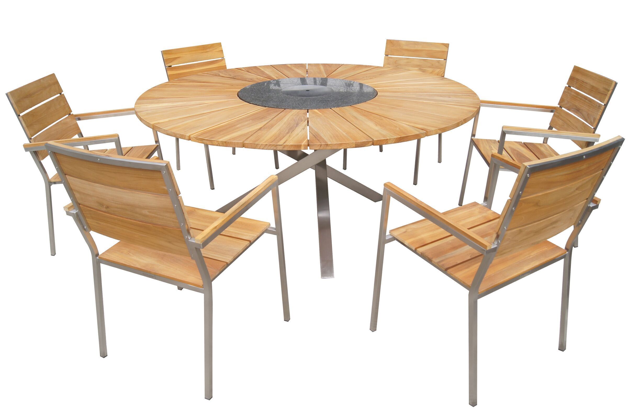 OUTFLEXX Garten-Essgruppe, natur, Edelstahl/FSC-Teak, Ø 170 cm, 6 Stapelsessel, inkl. drehbarer Granitplatte + Eiskühler