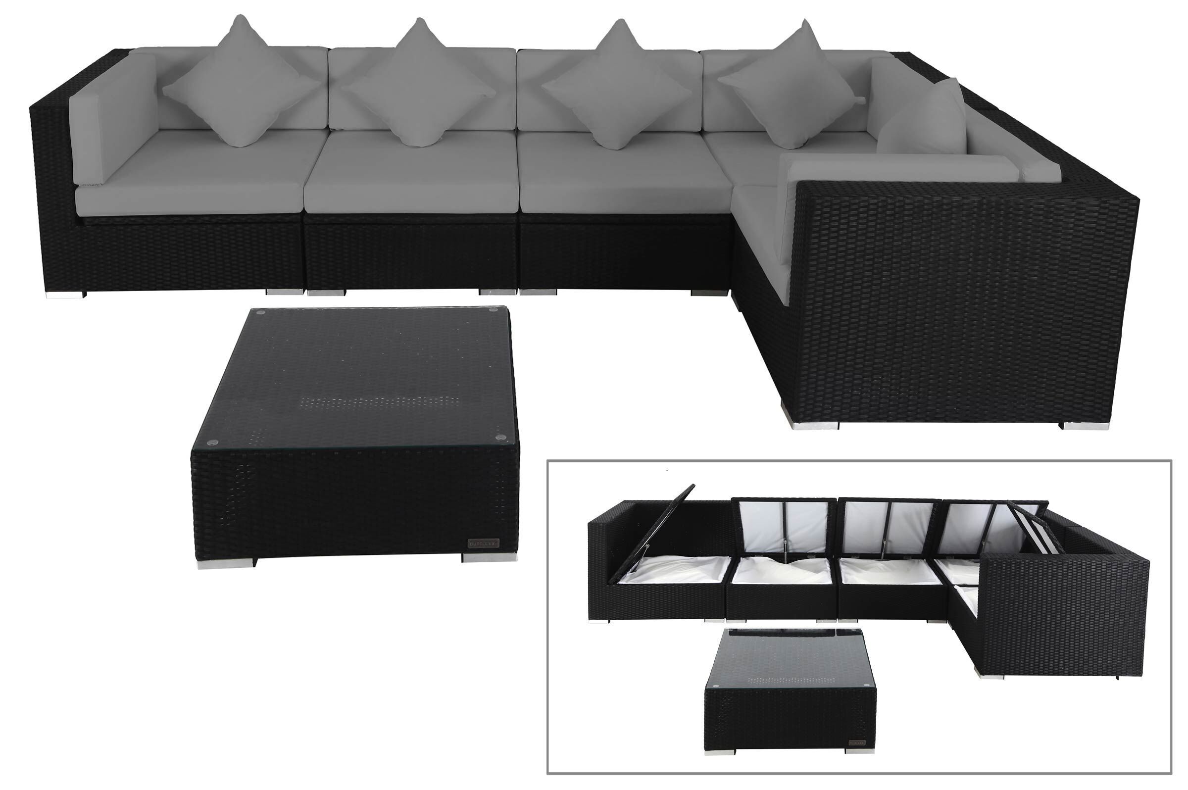 OUTFLEXX Gartenlounge Polyrattan, schwarz, für 5 Personen, inkl. Kaffeetisch, wasserfeste Kissenbox