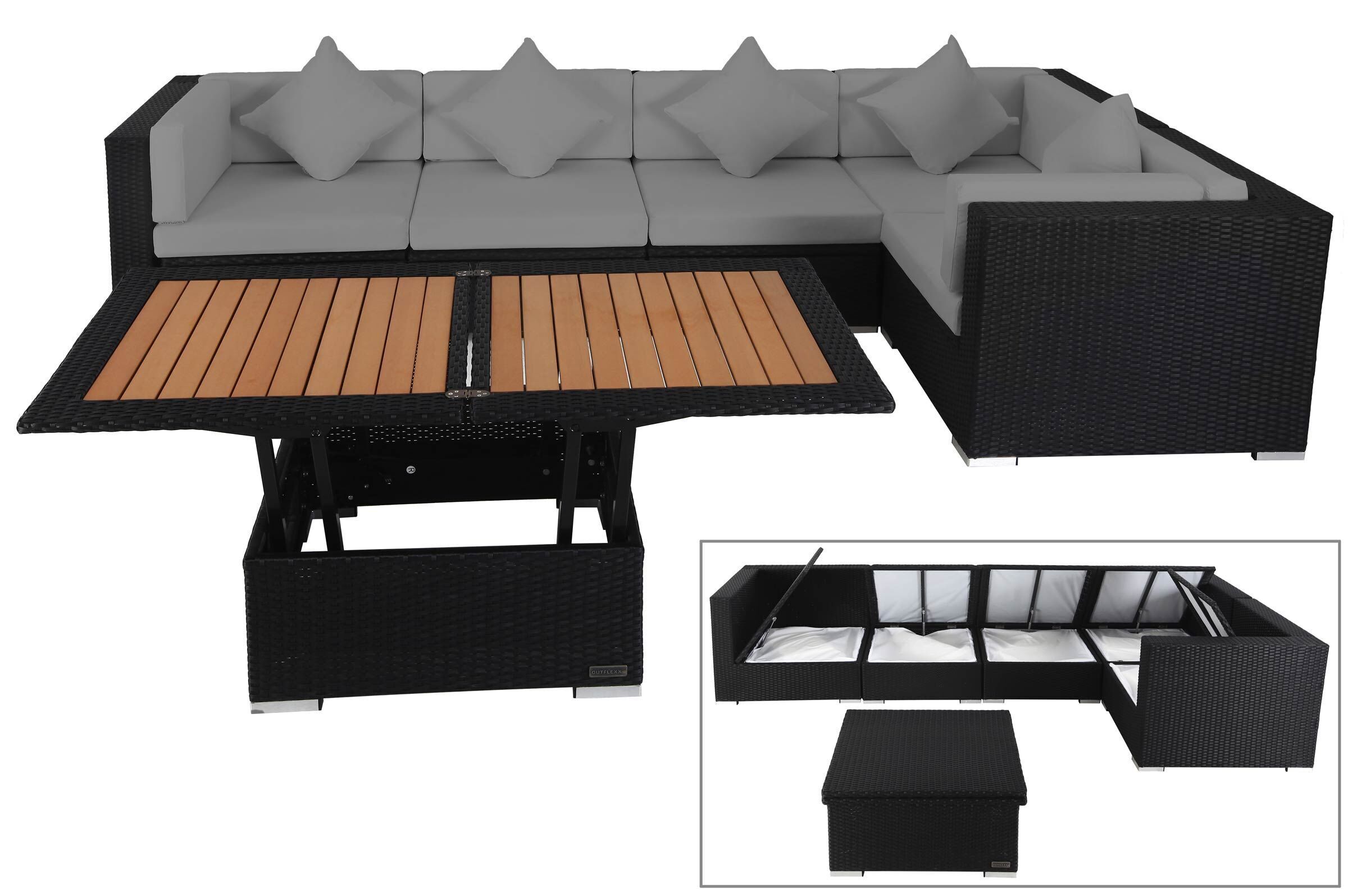 OUTFLEXX Gartenlounge Polyrattan, schwarz, für 5 Personen, inkl. Loungetisch, wasserfeste Kissenbox