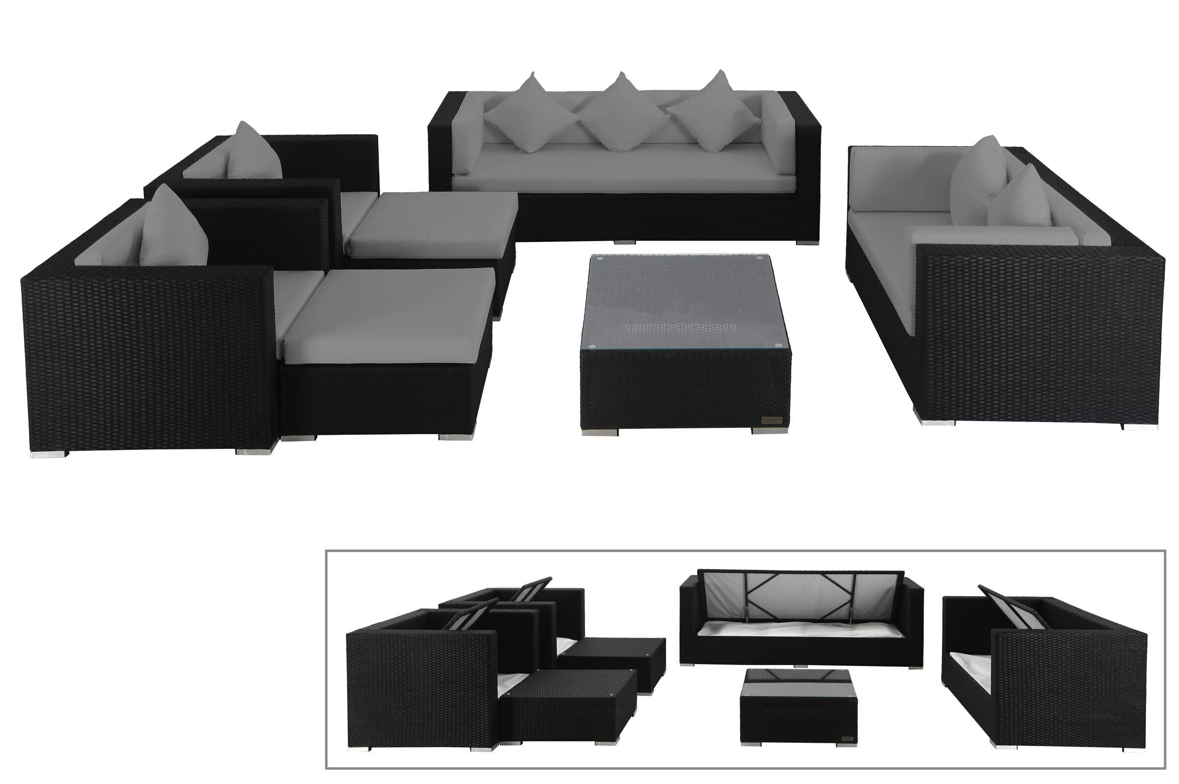 OUTFLEXX Gartenlounge, schwarz, Polyrattan, für 9 Personen, inkl. Kaffeetisch, wasserfeste Kissenbox