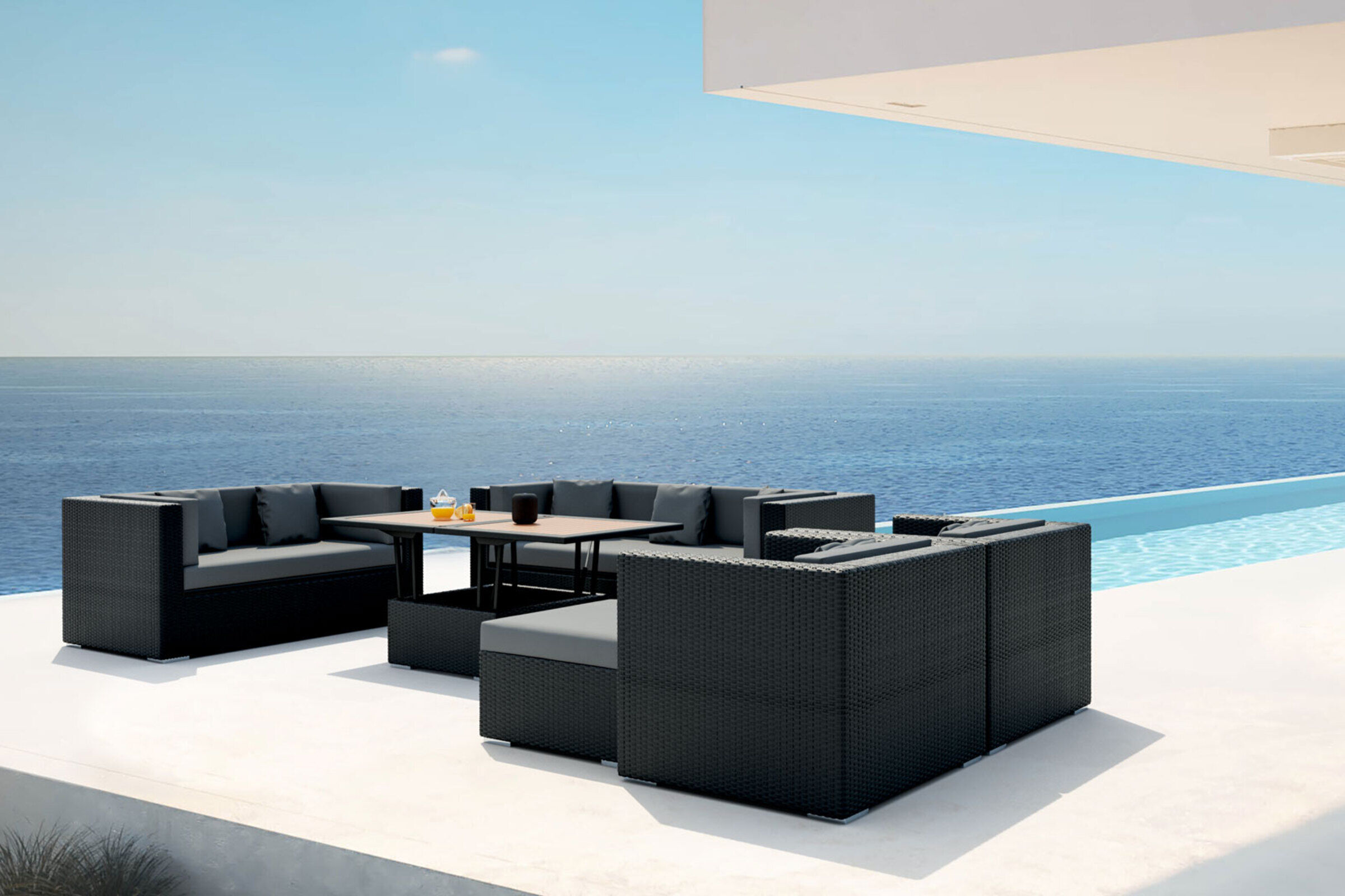 OUTFLEXX Gartenlounge, schwarz, Polyrattan, für 9 Personen, inkl. Loungetisch, wasserfeste Kissenbox