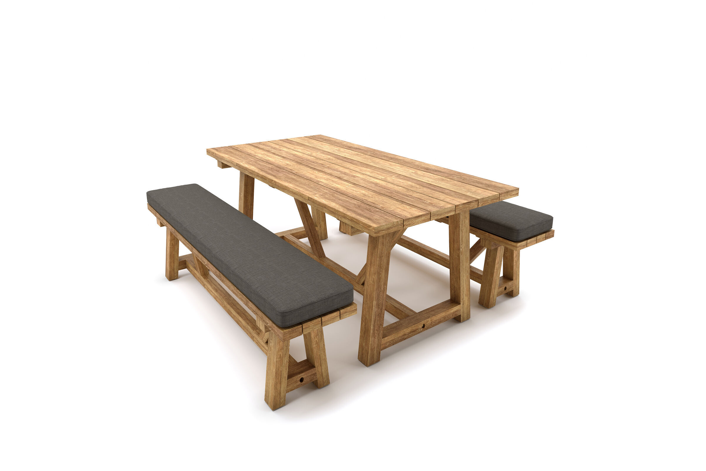 OUTFLEXX Garten-Essgruppe, rustikal gebürstet, recyceltes FSC-Teak, 220×110 cm, 2 Sitzbänke, Tischplattenstärke 4cm