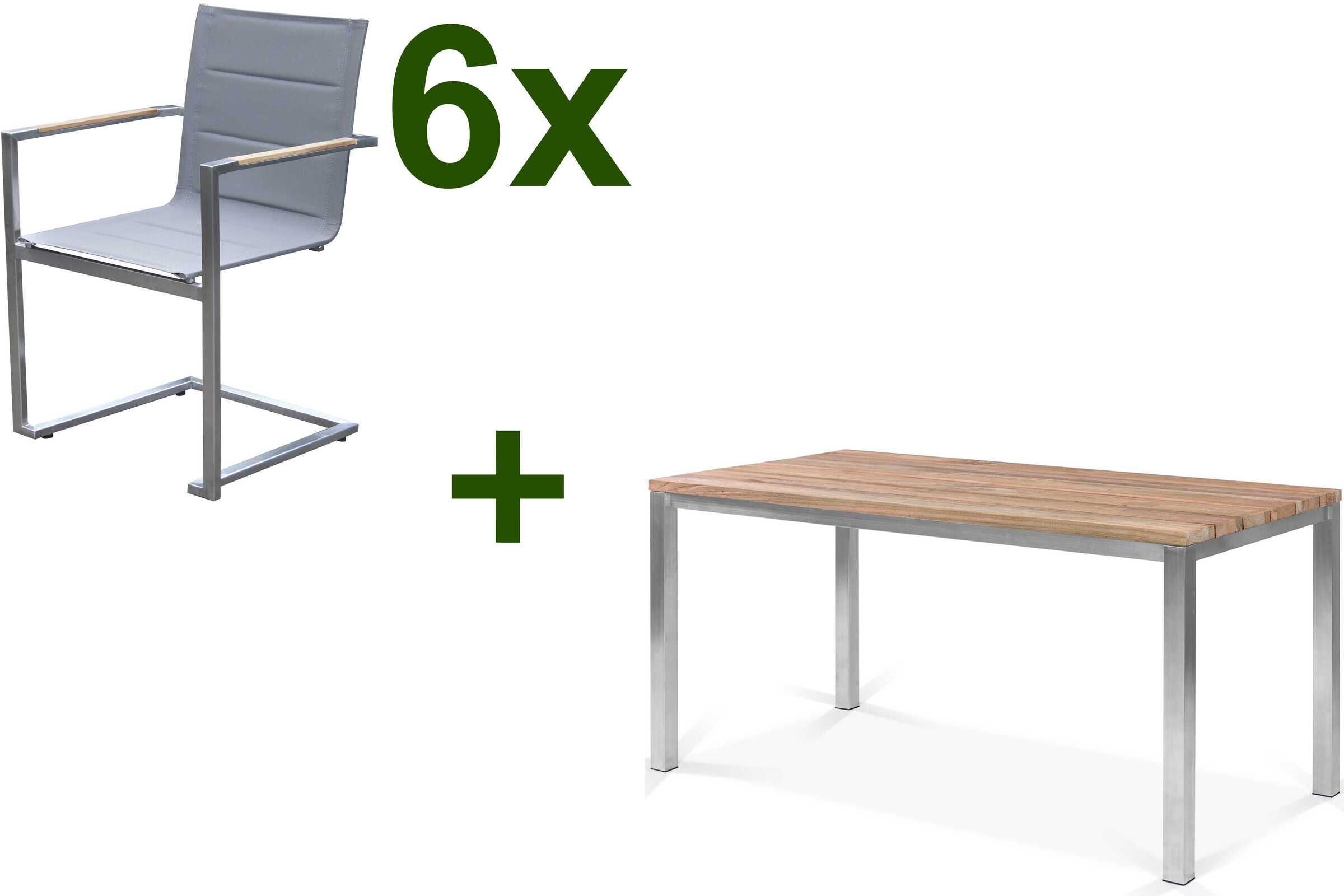 OUTFLEXX Garten-Essgruppe, Edelstahl / FSC-Teak, Tisch 150x80cm, 6 Freischwinger padded, silber