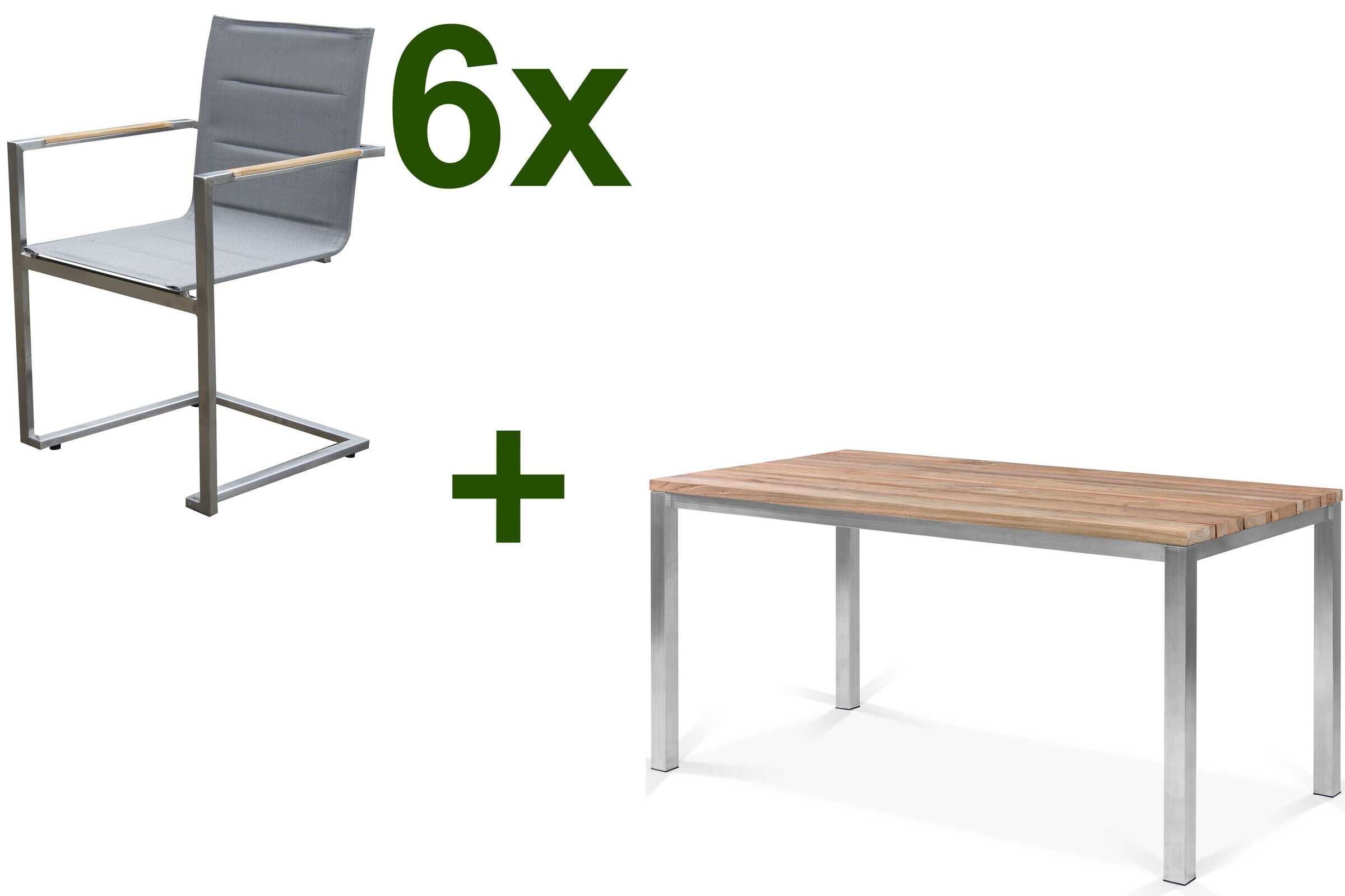 OUTFLEXX Garten-Essgruppe, Edelstahl / FSC-Teak, Tisch 150x80cm, 6 Freischwinger padded, taupe