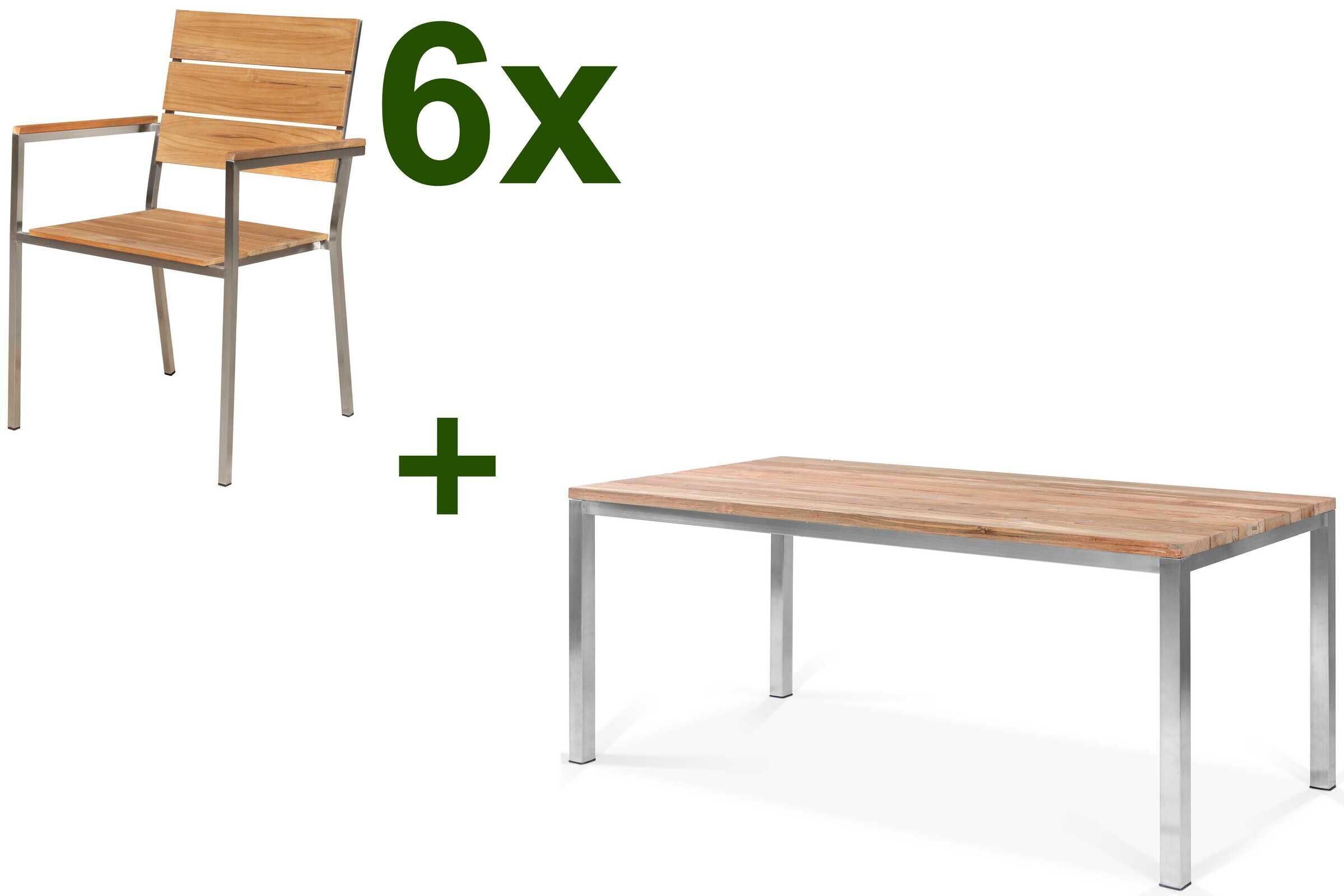 OUTFLEXX Garten-Essgruppe, Edelstahl / FSC-Teak, Tisch 180 x 90 cm, 6 Stapelsessel