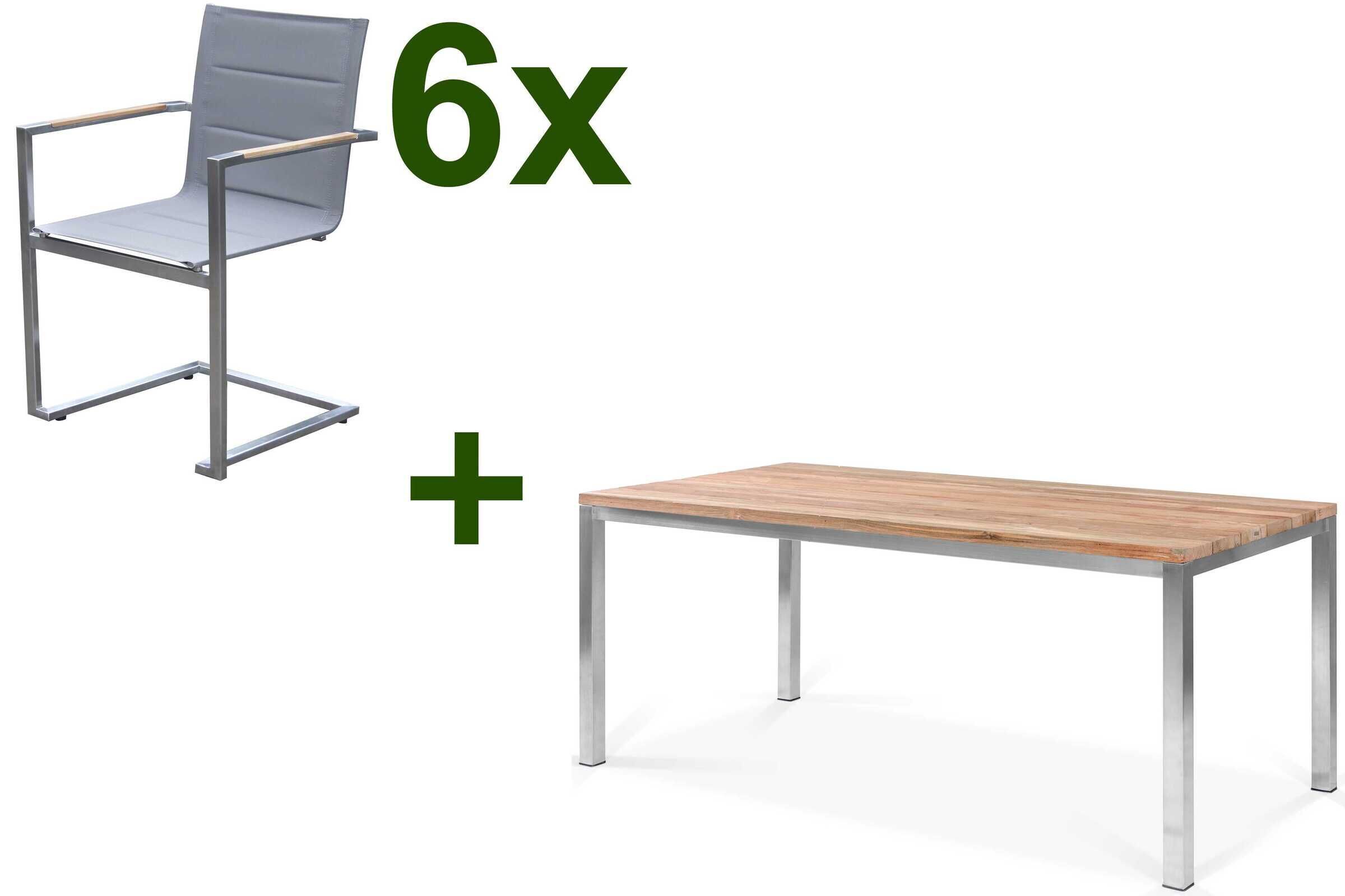 OUTFLEXX Garten-Essgruppe, Edelstahl / FSC-Teak, Tisch 180 x 90 cm, 6 Freischwinger padded, silber