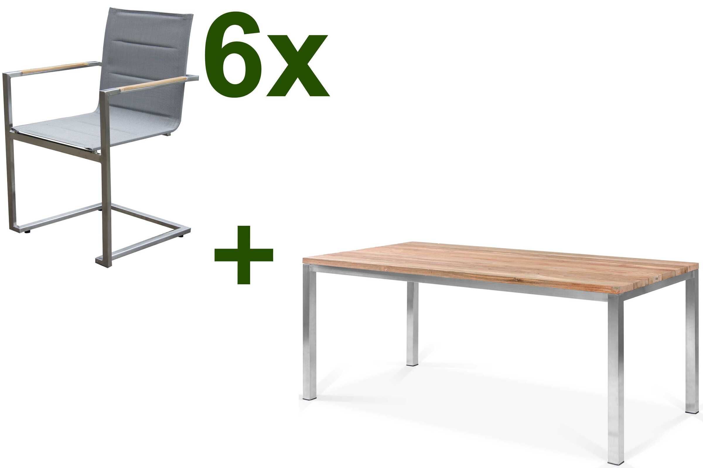 OUTFLEXX Garten-Essgruppe, Edelstahl / FSC-Teak, Tisch 180 x 90 cm, 6 Freischwinger padded, taupe