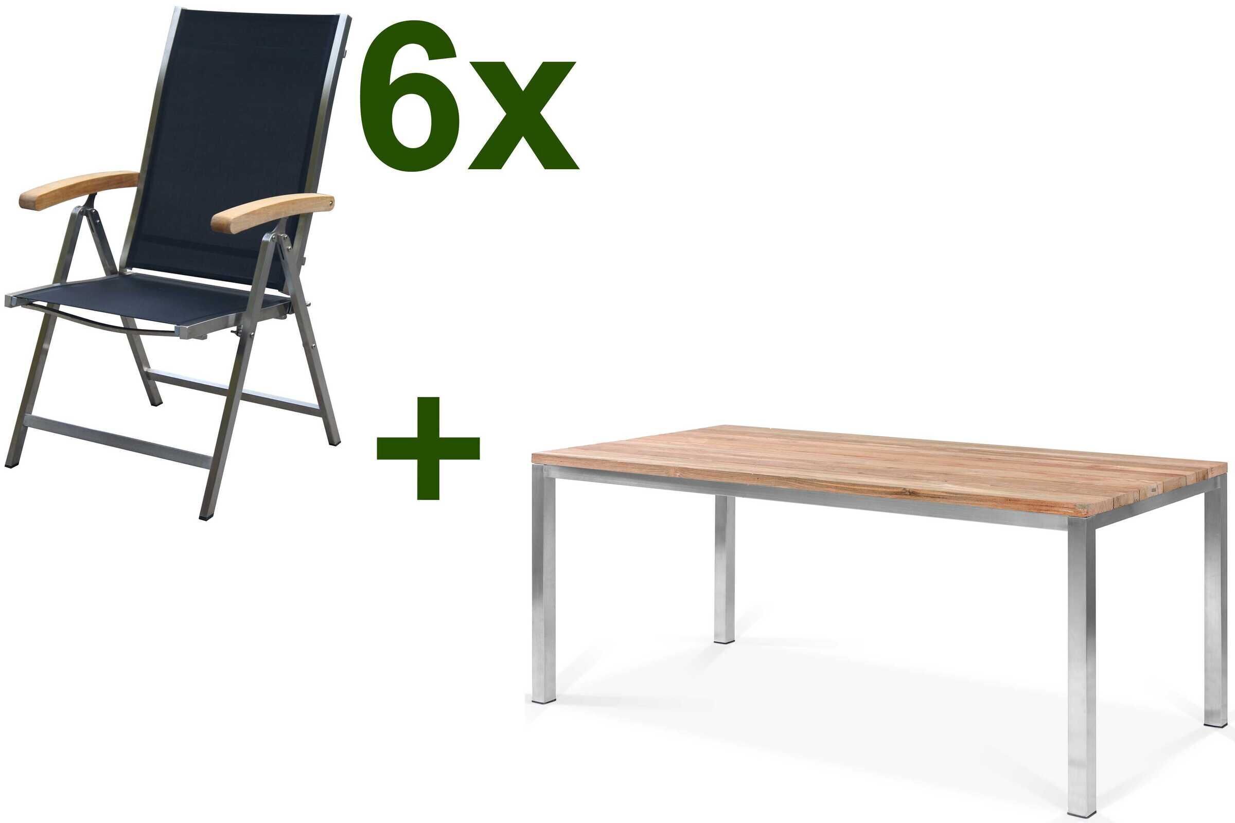 OUTFLEXX Garten-Essgruppe, Edelstahl / FSC-Teak, Tisch 180 x 90 cm, 6 Multipositionssessel, schwarz