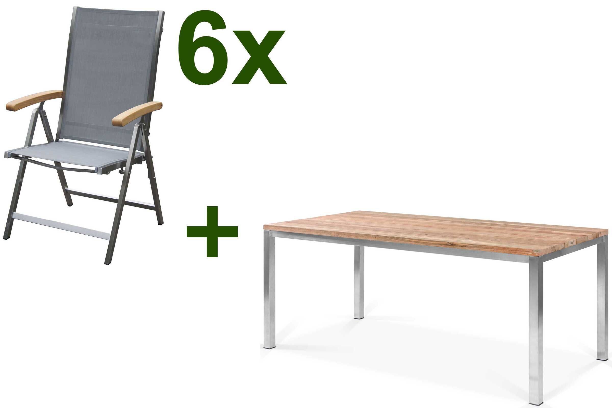 OUTFLEXX Garten-Essgruppe, Edelstahl / FSC-Teak, Tisch 180 x 90 cm, 6 Multipositionssessel, silber