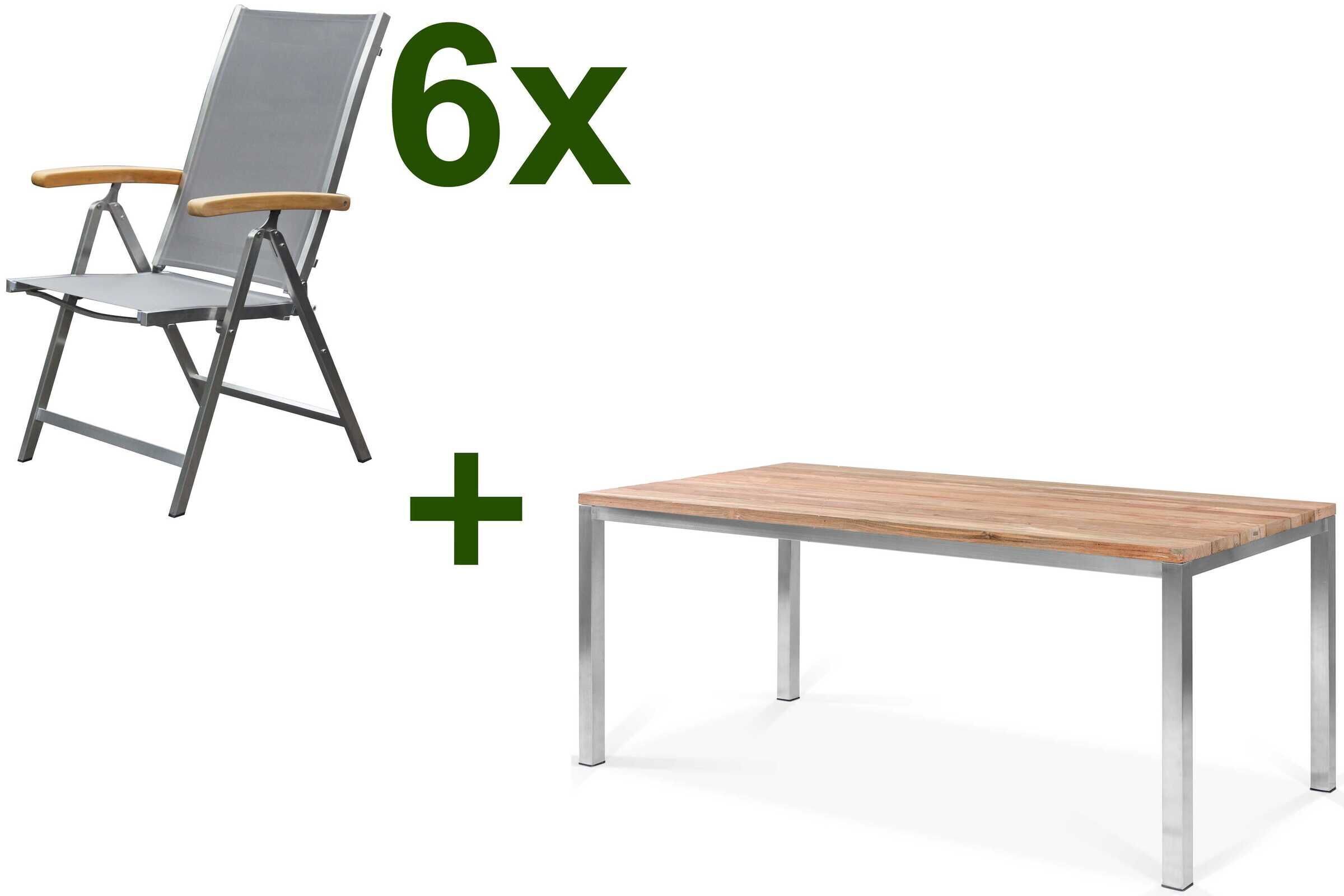 OUTFLEXX Garten-Essgruppe, Edelstahl / FSC-Teak, Tisch 180 x 90 cm, 6 Multipositionssessel, taupe