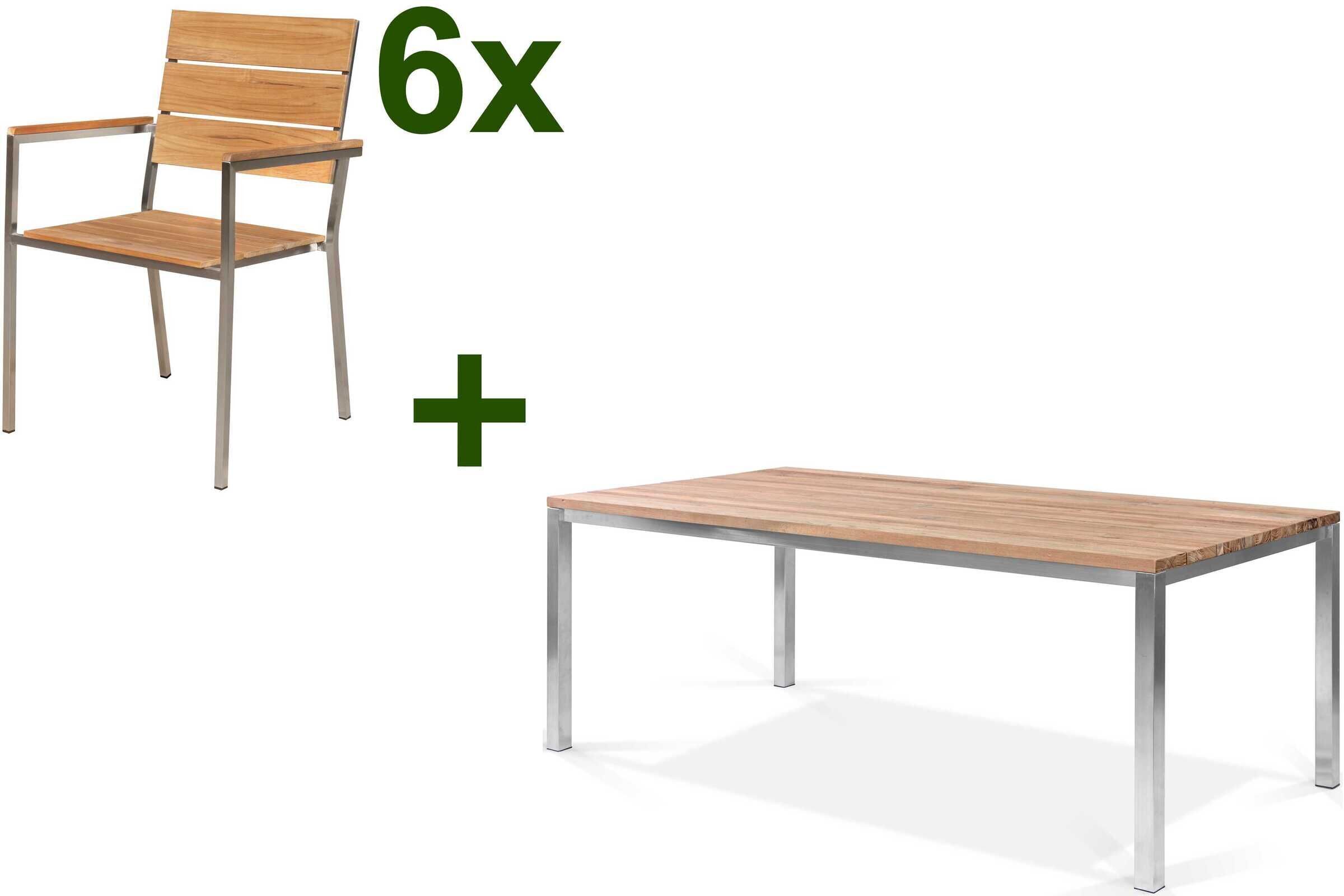 OUTFLEXX Garten-Essgruppe, Edelstahl / FSC-Teak, Tisch 200 x 100 cm, 6 Stapelsessel