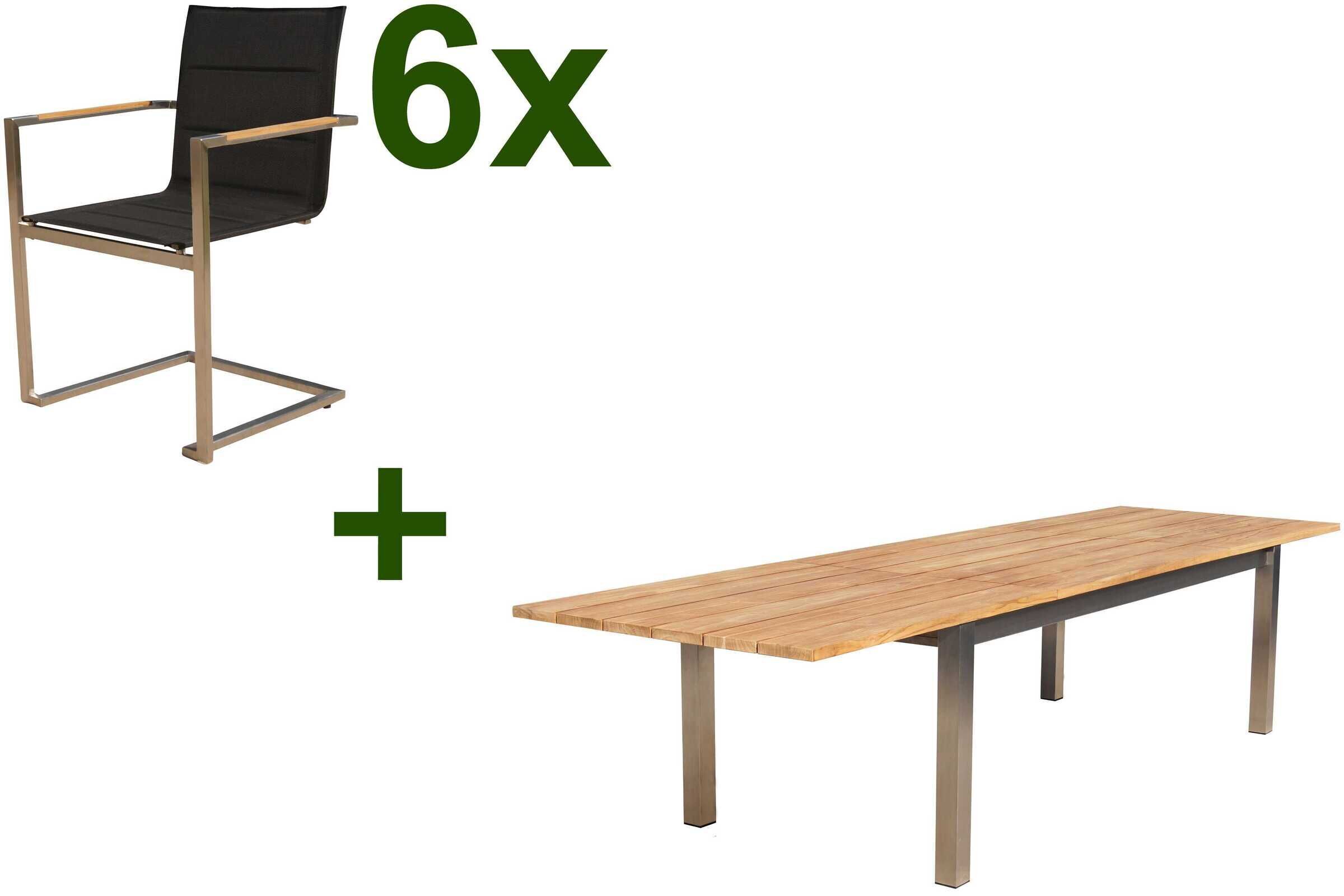 OUTFLEXX Garten-Essgruppe, Edelstahl/FSC-Teak, 220/340 x 100 cm, 6 Freischwinger, schwarz, Tischplattedicke 3cm