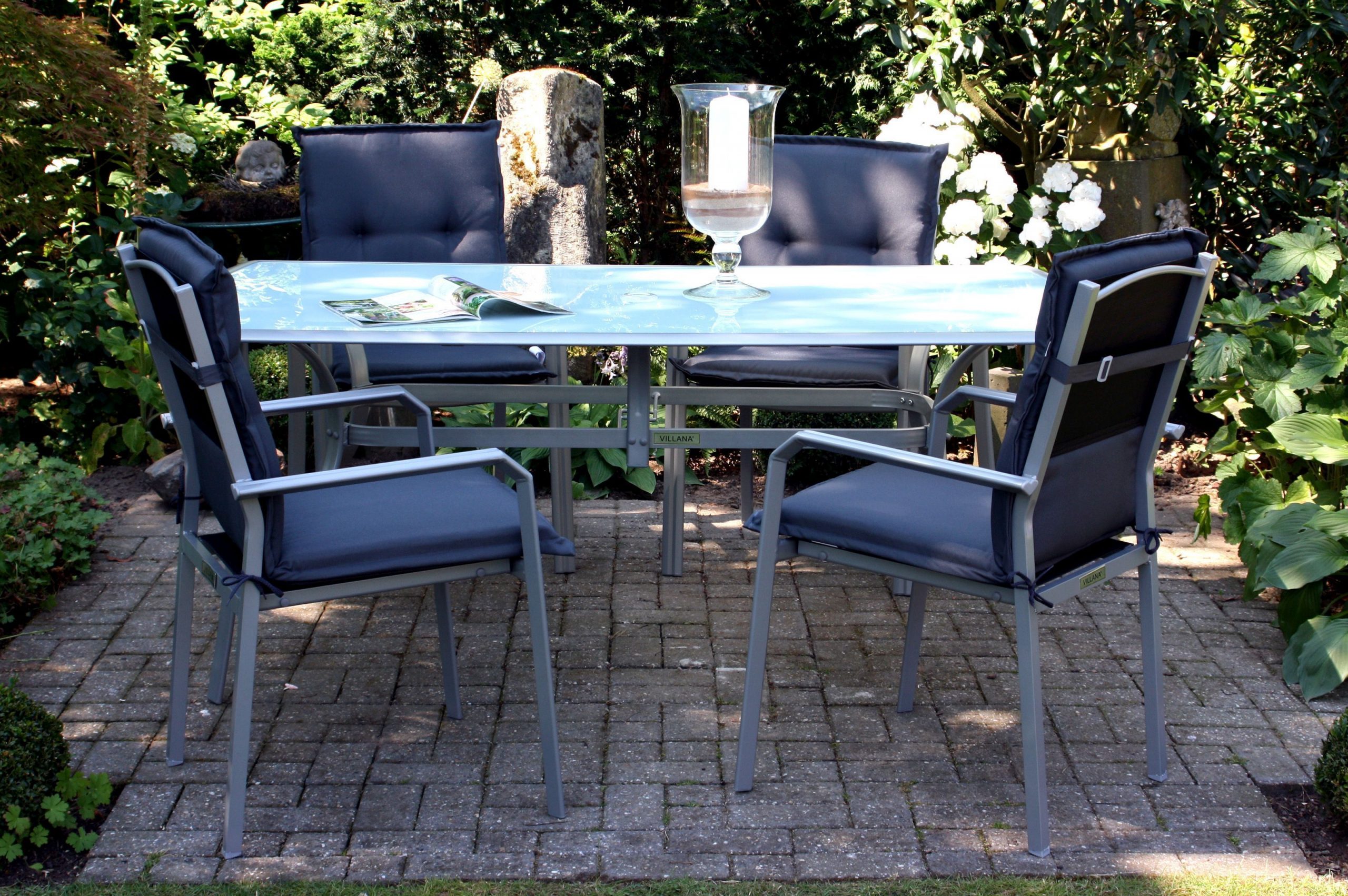 VILLANA Garten-Essgruppe, silber/schwarz, Alu/Textilene, Tisch 180 x 96 cm, 4 Stapelsessel